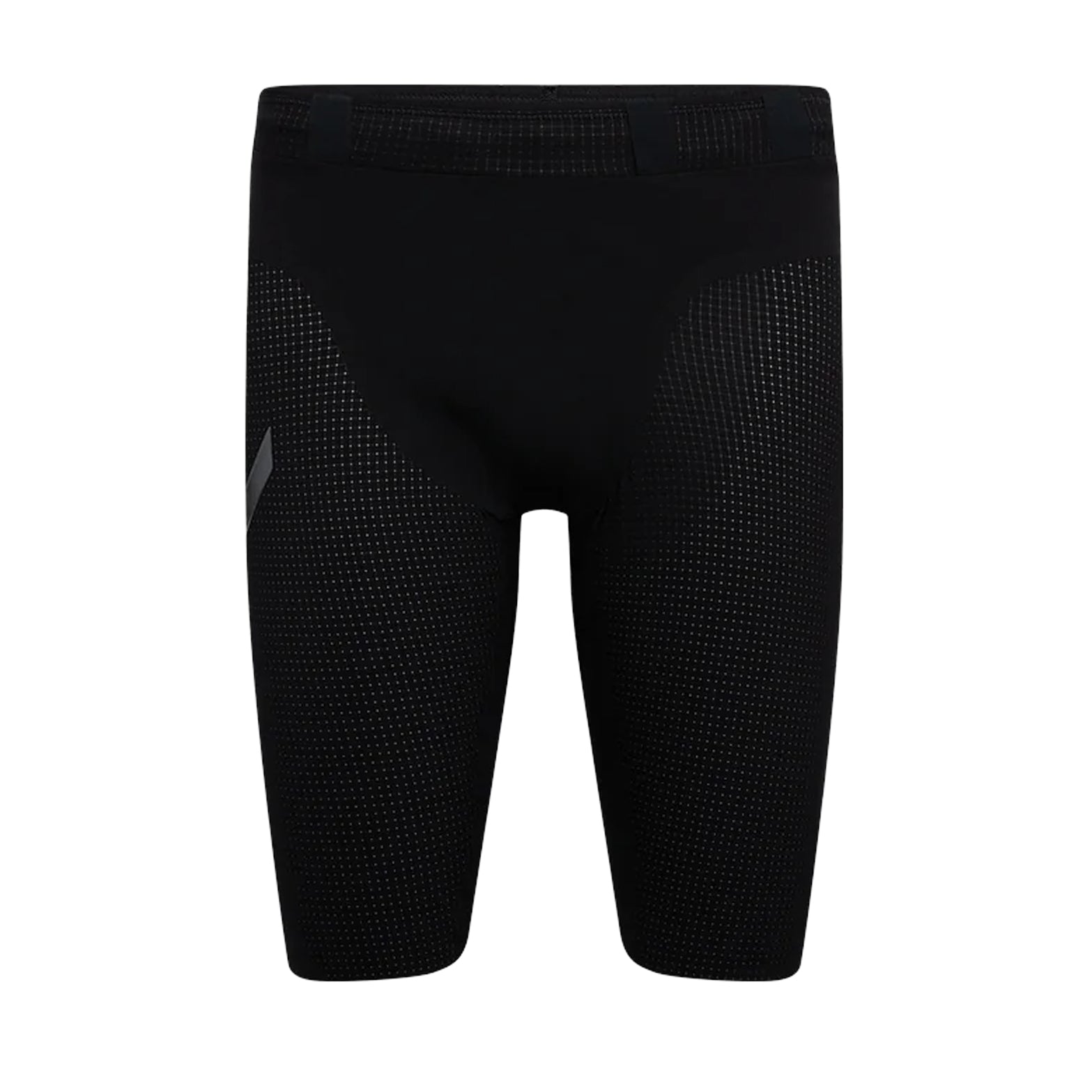 Soar Marathon Speed Shorts men's in Black — front product shot showing skin-tight silhouette, laser-cut hems, frontal waistband gel loops and front panel construction