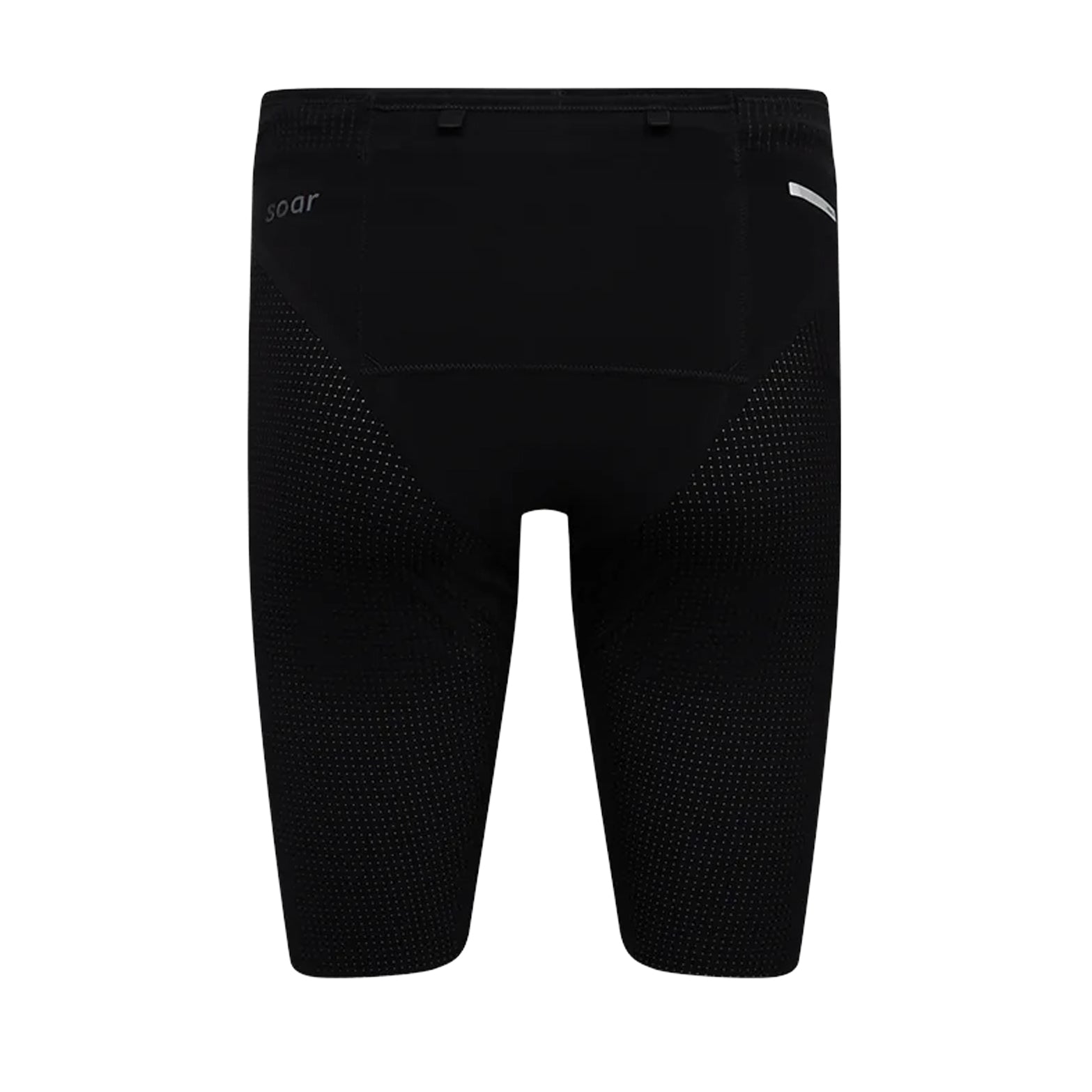 Soar Marathon Speed Shorts men's in Black — back product shot showing large rear gel pocket, laser-cut hems and rear panel construction