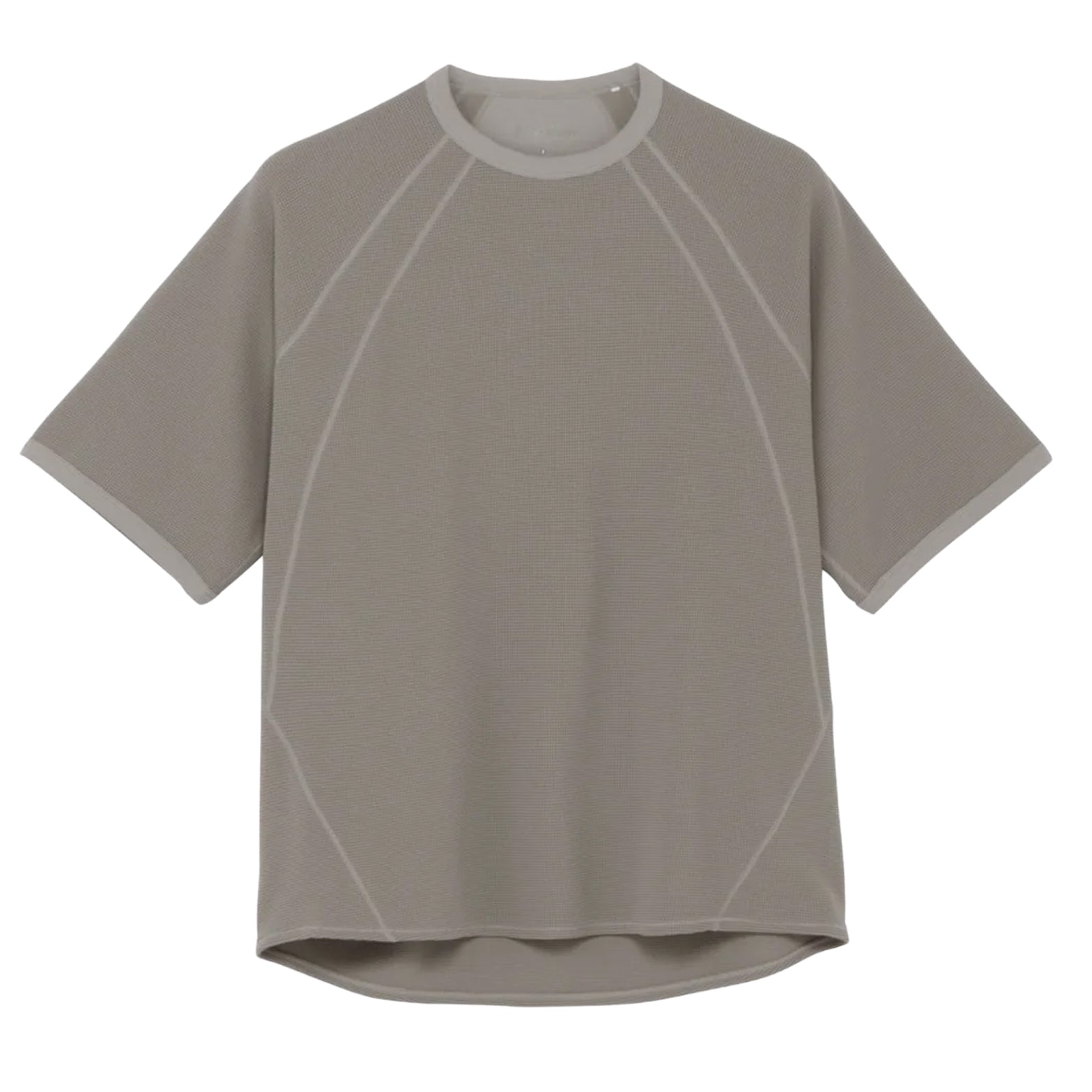 Goldwin Mesh WF Actinoid Tee men's in Arid Beige — product shot showing relaxed fit silhouette, raglan sleeve construction and arid beige waffle-knit mesh polyester fabric