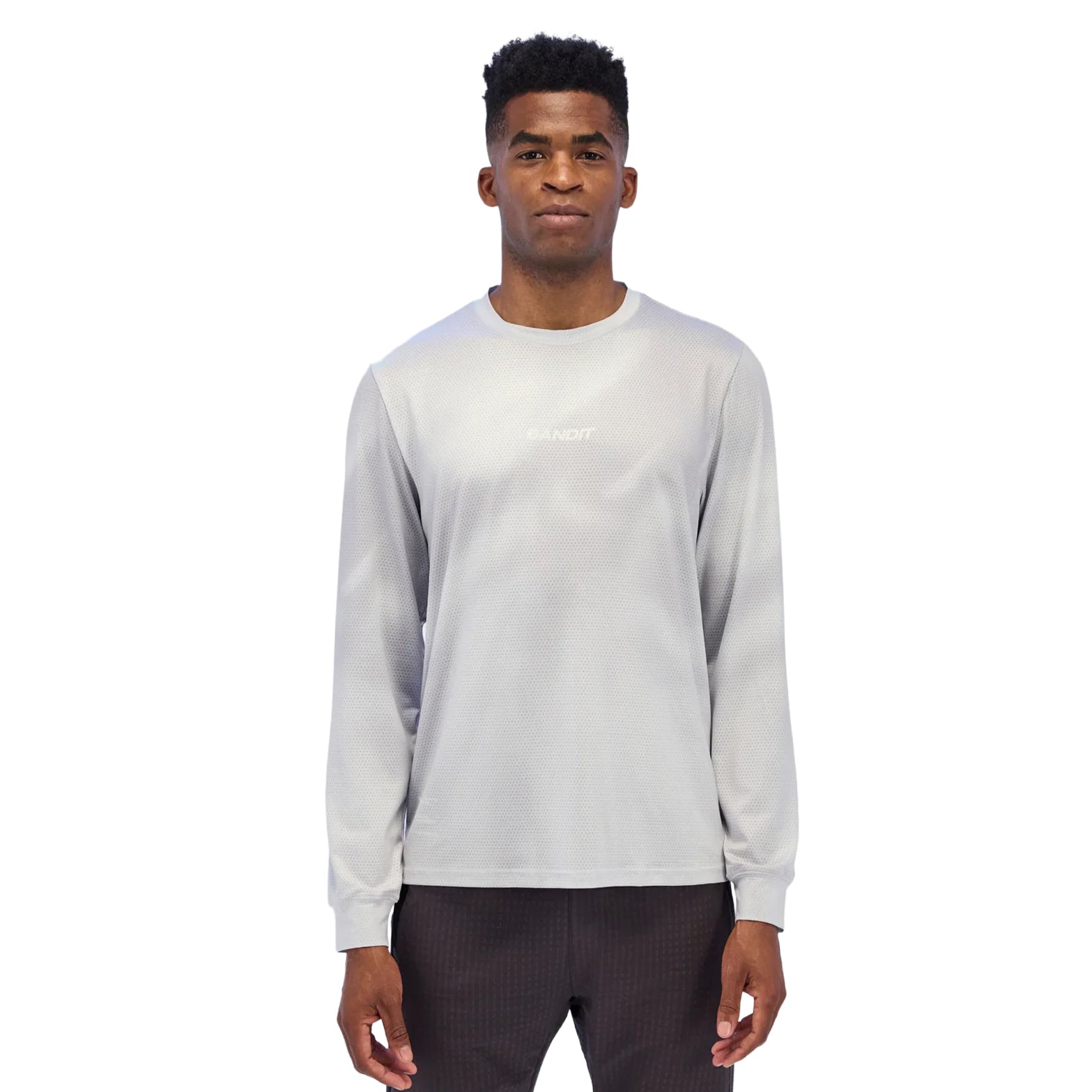 Bandit men's MicroMesh top in Ash Gradient front view on model showing reflective stitching and breathable mesh fabric