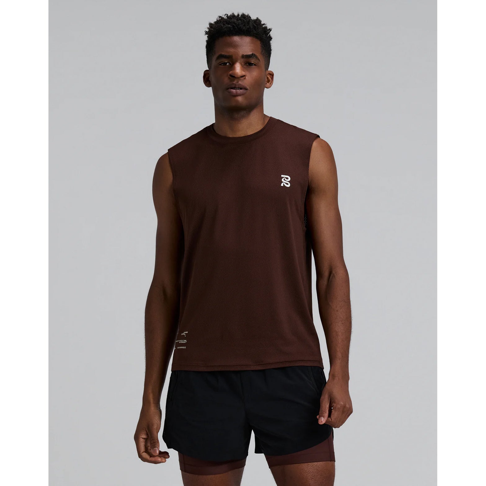 Men's Bandit Micromesh Run Tank Cacao front view showing crew neckline with sweat-wicking Oeko-Tex Certified mesh and relaxed silhouette