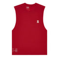 Bandit Men’s Micromesh Run Tank in Oxide Red, a sleeveless running tank with a white logo on the chest and small printed text at the bottom hem.
