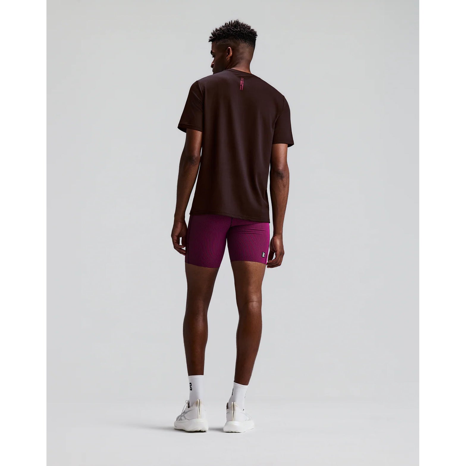 Men's Bandit Micromesh Run Tee Espresso back full body view on male runner showing relaxed fit with fast-drying Micromesh construction for comfortable running and training