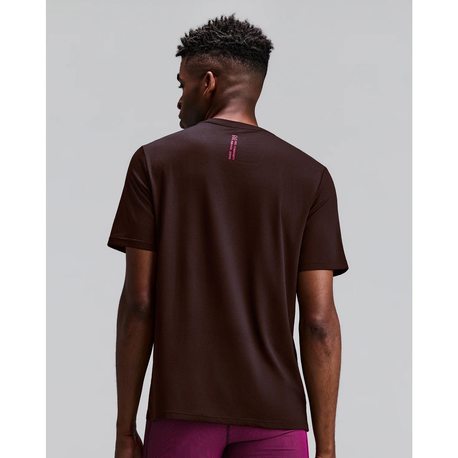 Men's Bandit Micromesh Run Tee Espresso back view on male runner showing breathable Micromesh construction with fast-drying sweat-wicking fabric for comfortable running