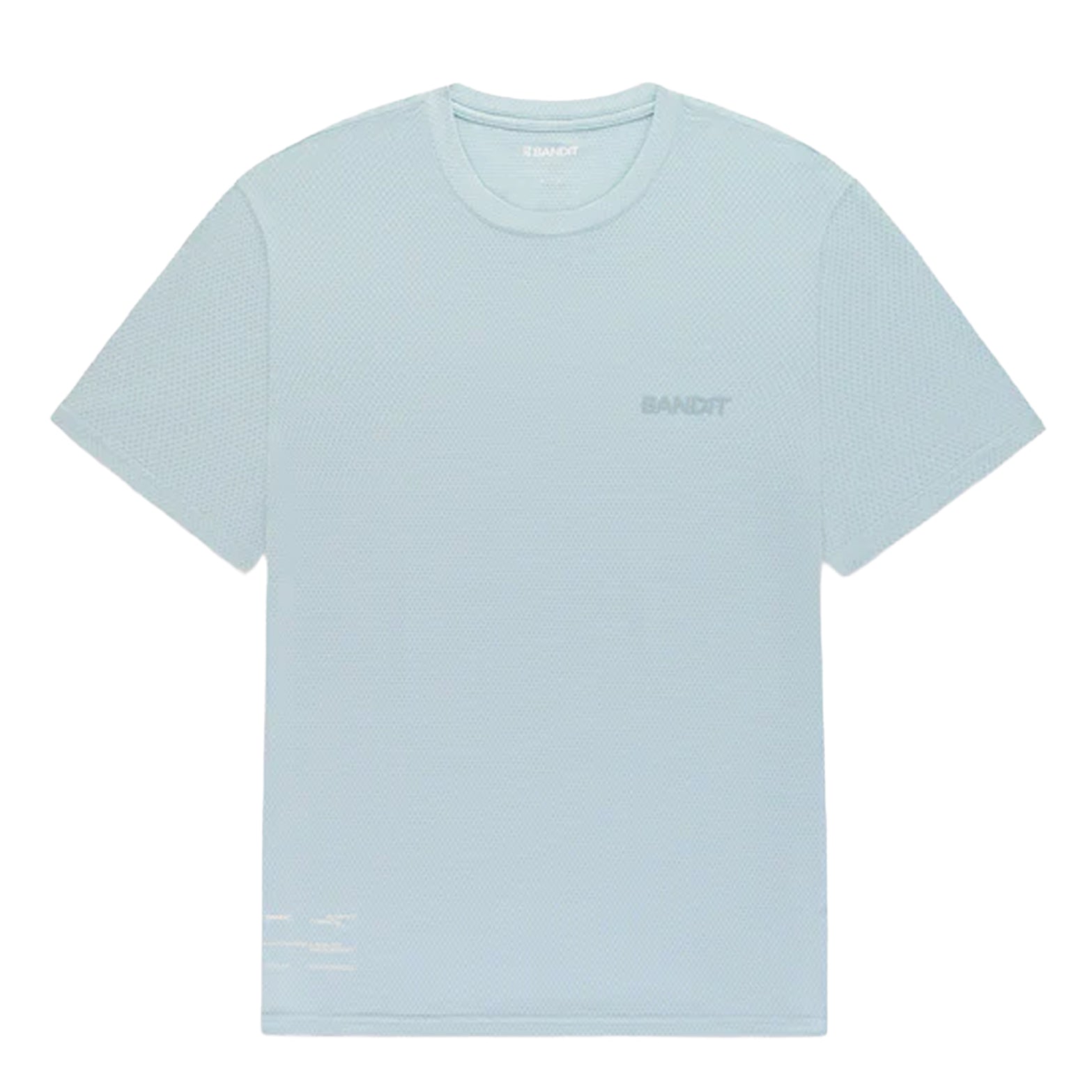 Men's Bandit Micromesh Run Tee Lagoon front product view showing relaxed fit with crew neckline and subtle two-tone logo branding