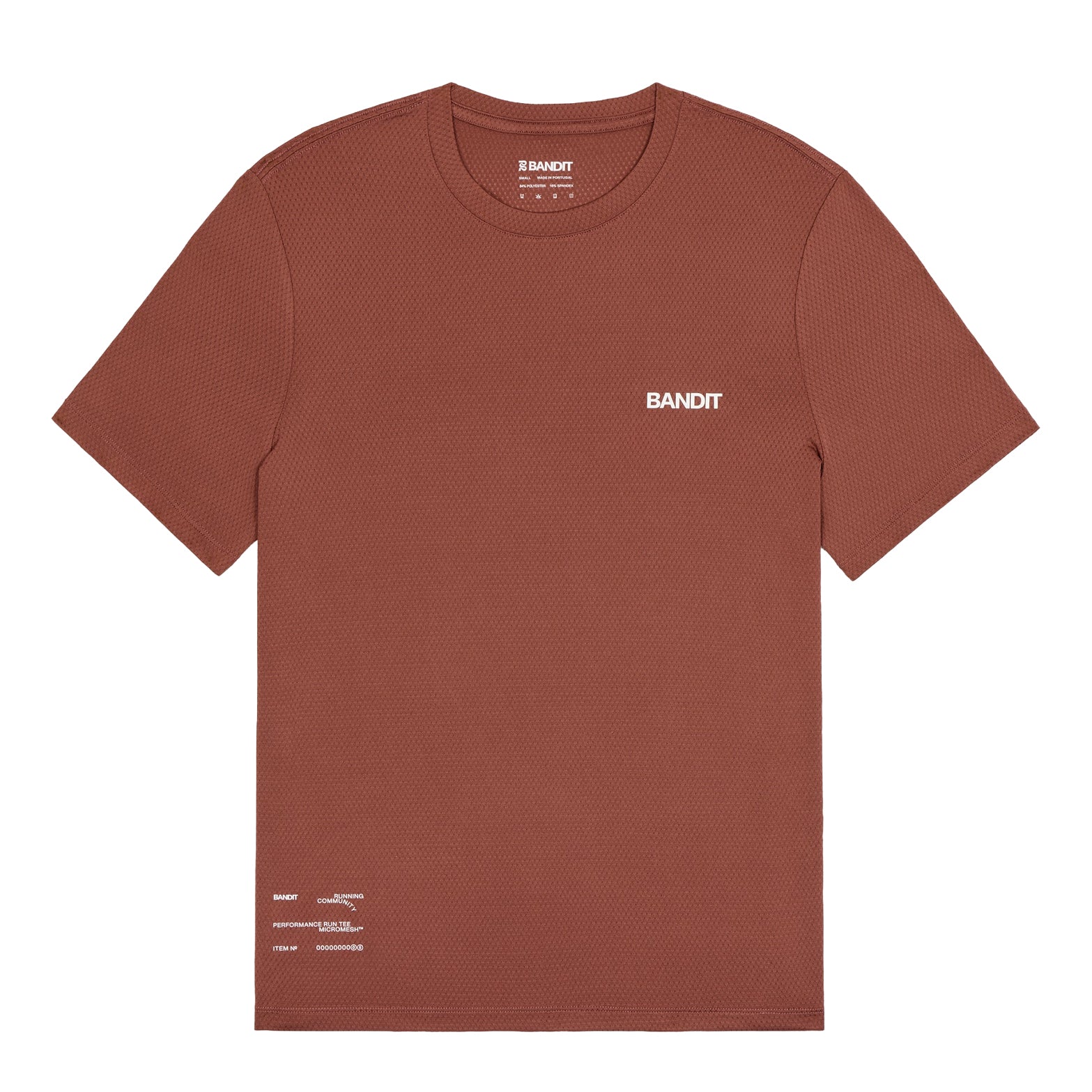 Men's Bandit Micromesh Run Tee Mahogany product view showing relaxed fit with breathable Micromesh fabric and dyed-to-match reflective graphics
