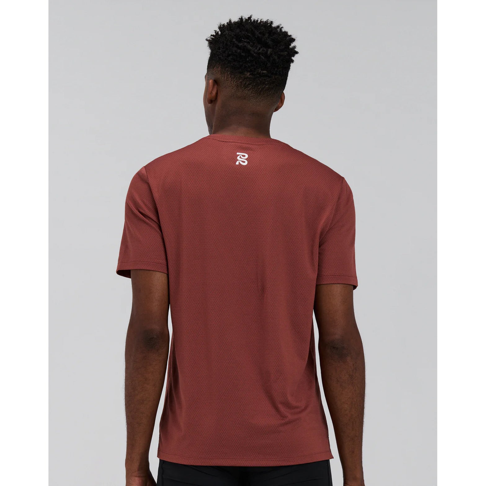 Men's Bandit Micromesh Run Tee Mahogany back view showing ultra-breathable Micromesh construction with reflective graphic at centre back