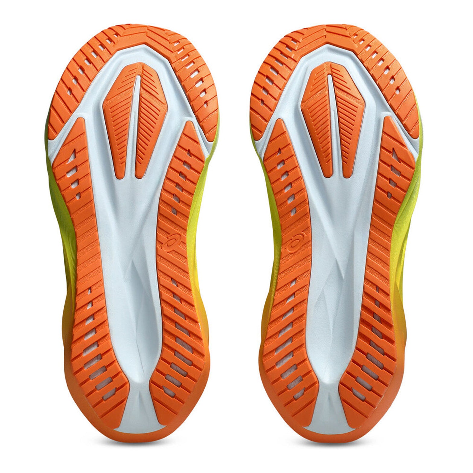 ASICS Novablast 5 men's running shoe in Sky / Lemon Spark — outsole view showing trampoline-inspired rubber tread pattern and lemon spark FF Blast Max foam midsole stack