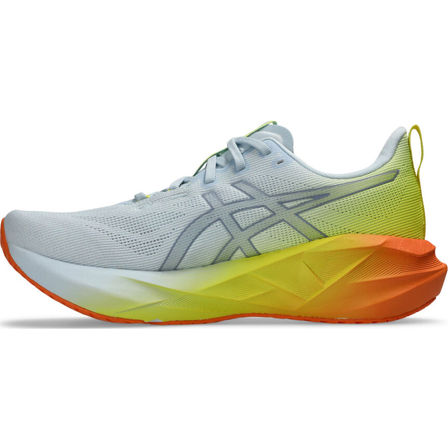 ASICS Novablast 5 men's running shoe in Sky / Lemon Spark — inner view showing sky blue upper, lemon spark midsole detailing and trampoline-inspired outsole construction
