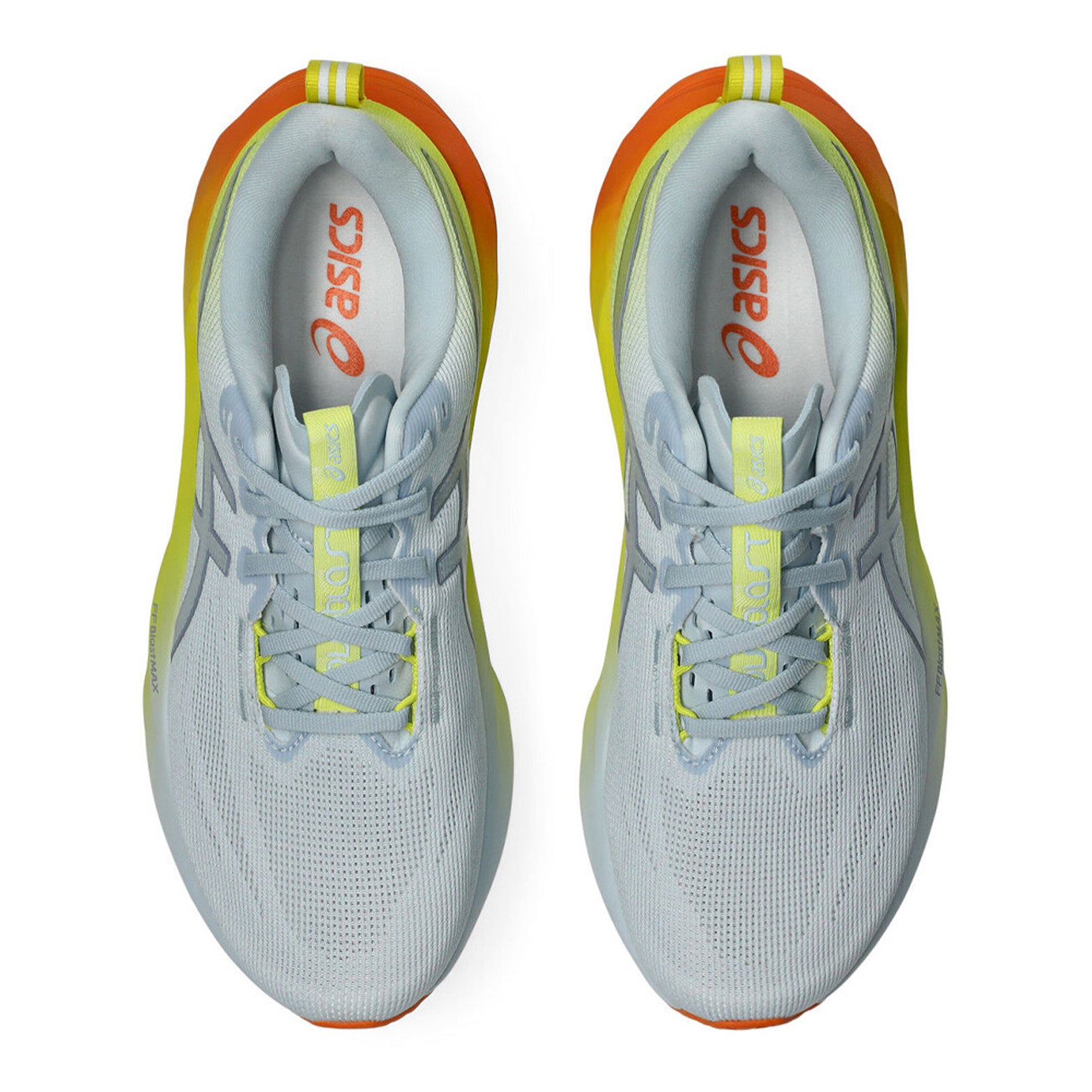 ASICS Novablast 5 men's running shoe in Sky / Lemon Spark — top-down view showing sky blue upper construction, lace closure and lemon spark accent detailing