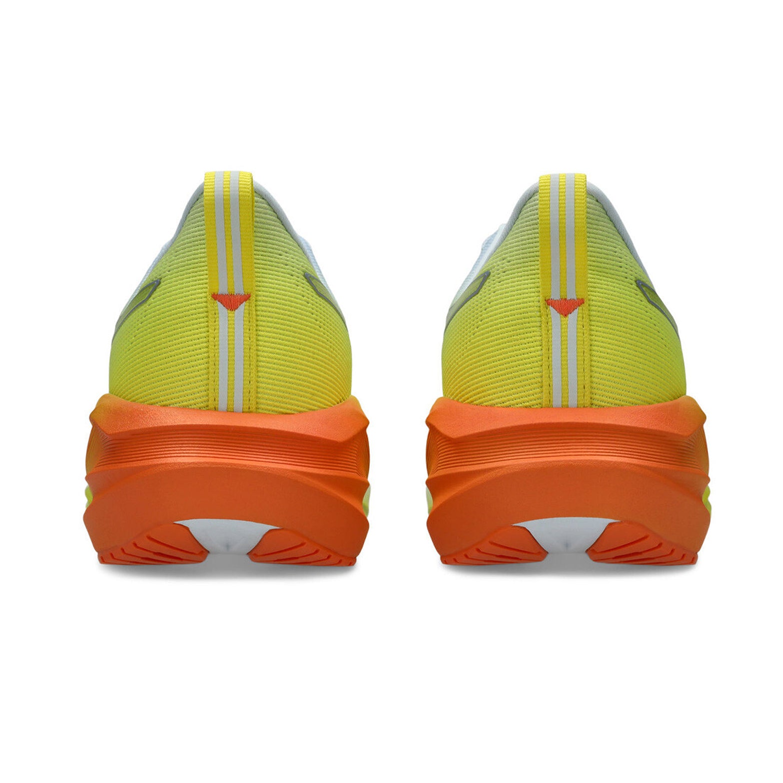ASICS Novablast 5 men's running shoe in Sky / Lemon Spark — heel view showing geometric midsole construction, padded collar and lemon spark FF Blast Max foam stack