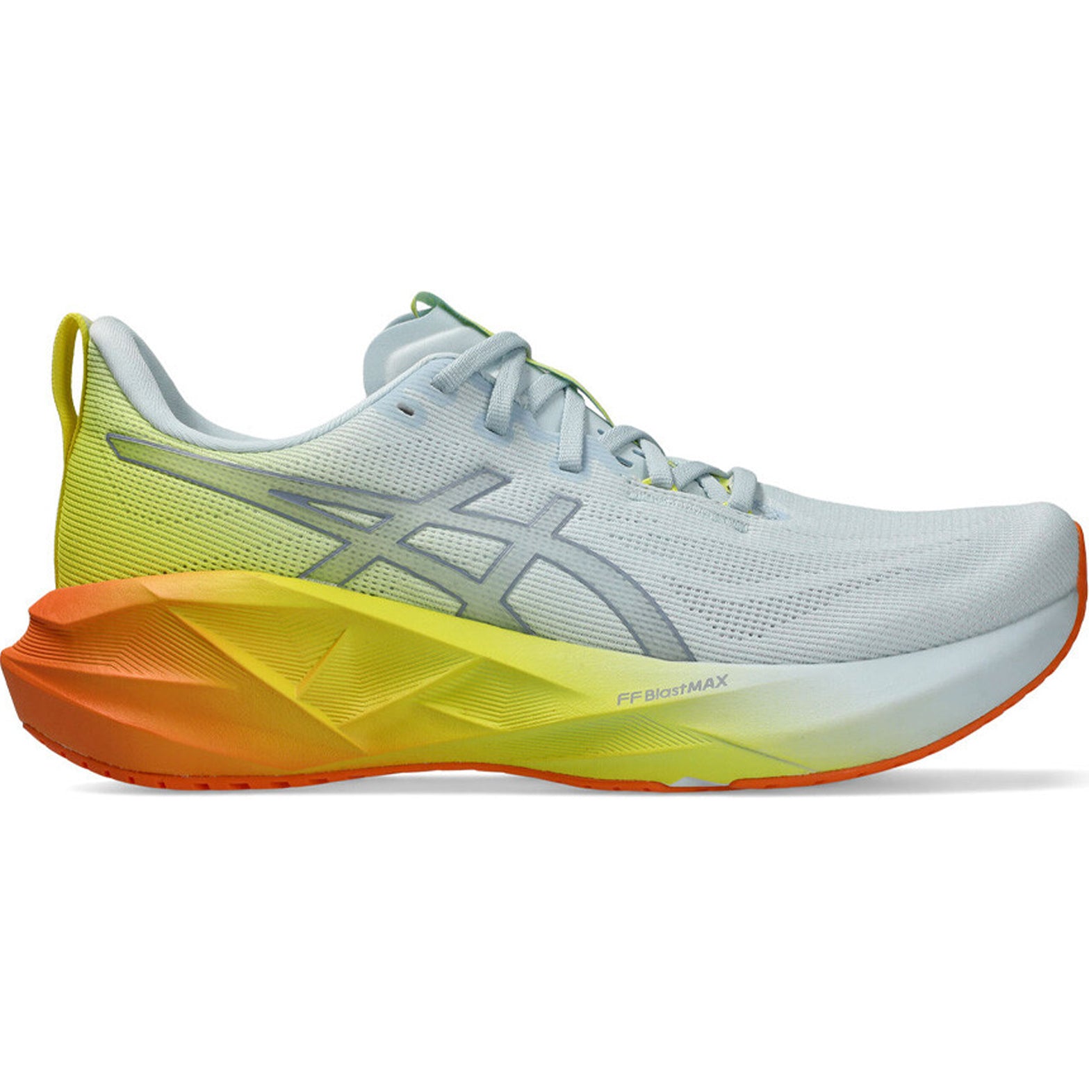 ASICS Novablast 5 men's running shoe in Sky / Lemon Spark — outer view showing sky blue upper with lemon spark accent detailing and FF Blast Max foam midsole profile