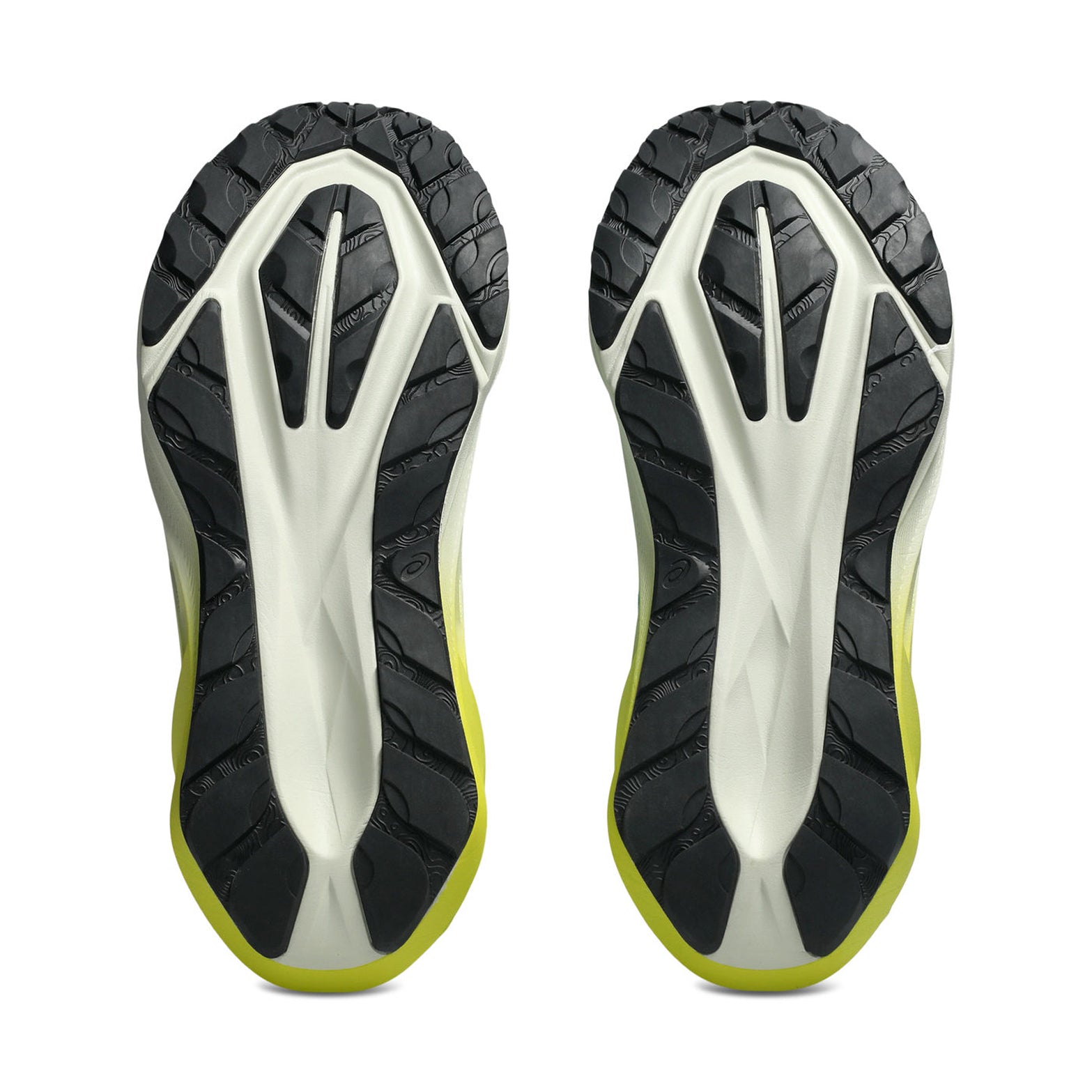 Men's ASICS Novablast 5 TR Running Shoes Aurora Green Light Dust sole view displaying AHAR LO rubber outsole and trampoline-inspired outsole pods