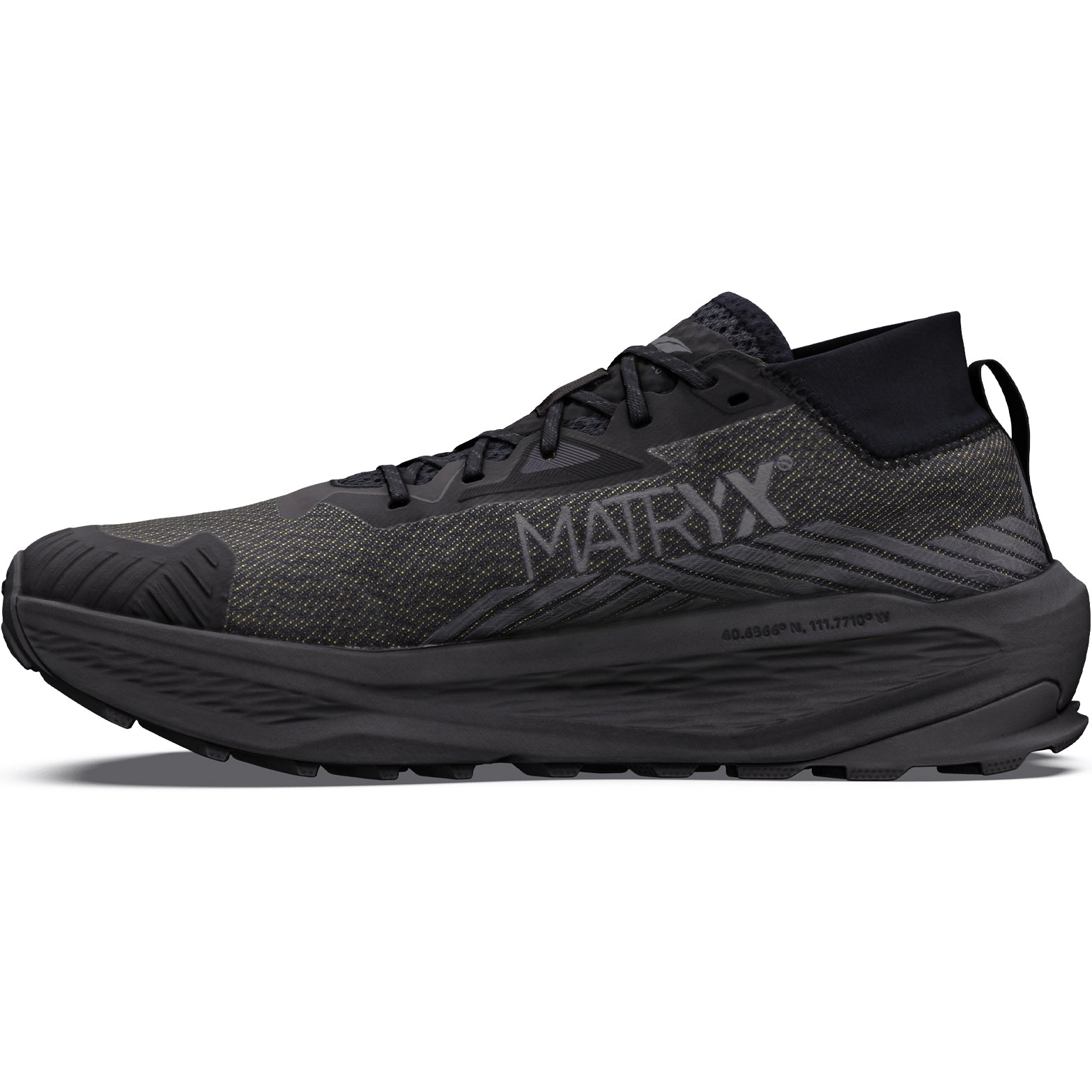 Men's Altra Olympus 275 HiLo Trail Running Shoes Black Black Black inner side view showing 15% lighter 10% softer EGO MAX foam with zero drop platform and roomiest Altra toe box for natural trail running