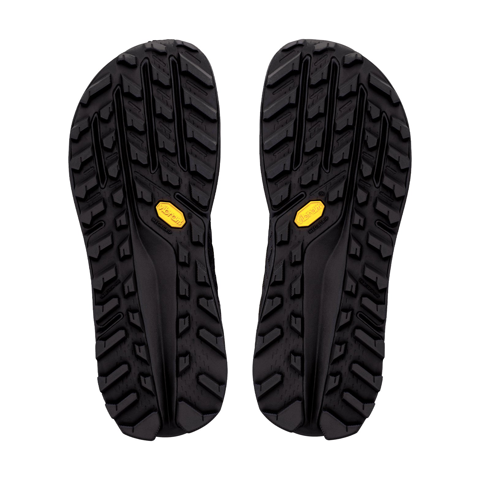 Men's Altra Olympus 275 HiLo Trail Running Shoes Black Black Black sole view displaying Vibram Megagrip outsole with TractionLug for fierce adaptive grip on wet and dry technical terrain
