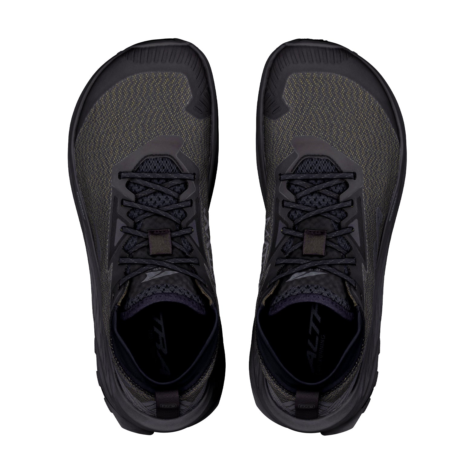 Men's Altra Olympus 275 HiLo Trail Running Shoes Black Black Black top view showing MATRYX one-piece woven upper with built-in scree sleeve and roomiest toe box for technical trail protection