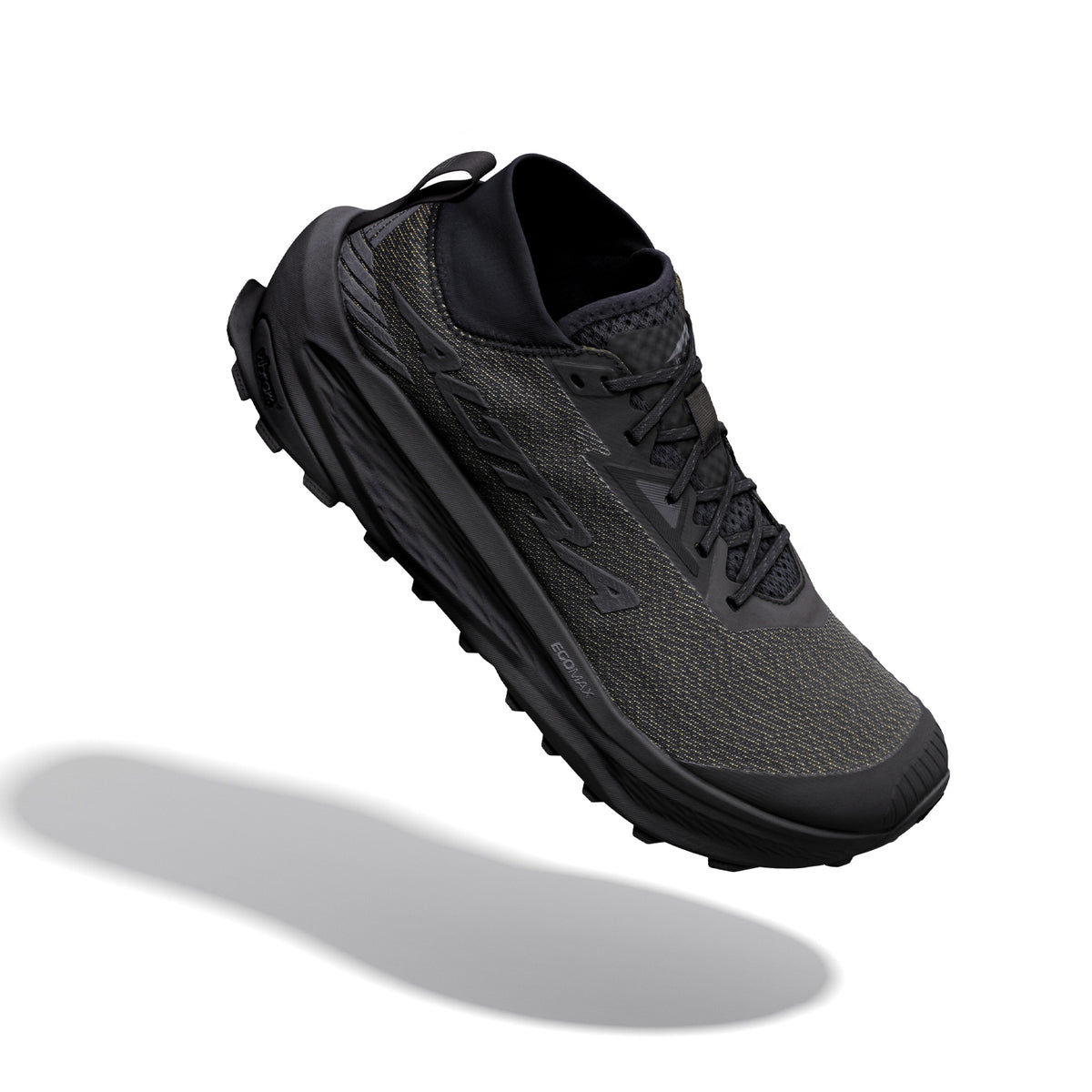 Men's Altra Olympus 275 HiLo Trail Running Shoes Black Black Black angled side and heel view showing updated EGO MAX midsole with Vibram Megagrip TractionLug outsole and MATRYX woven upper for all-day technical ultra-trail performance