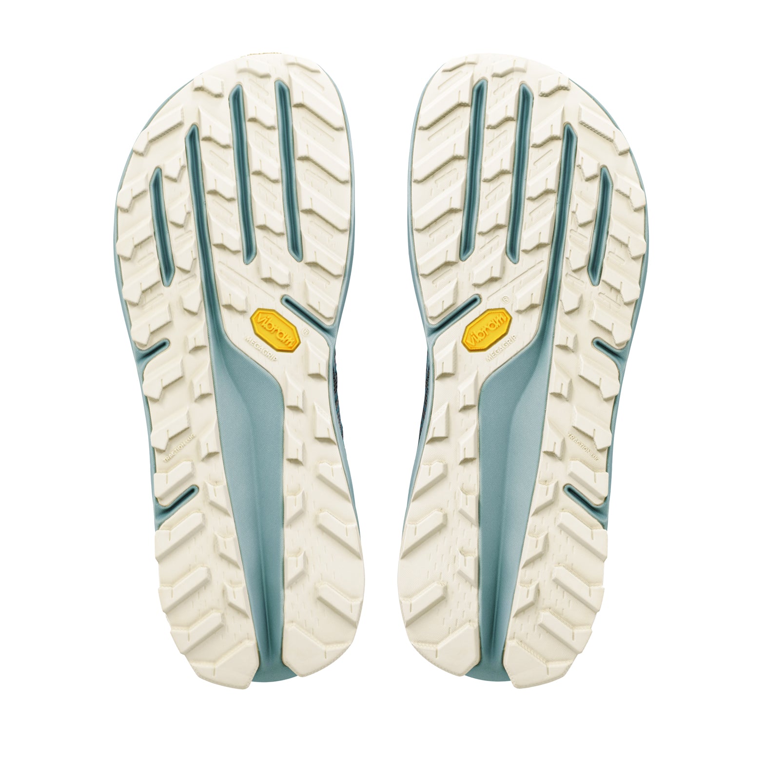 Men's Altra Olympus 275 HiLo Trail Running Shoes Ultimate Gray Sea Pine Green Milieu sole view displaying Vibram Megagrip outsole with TractionLug for fierce adaptive grip on wet and dry technical terrain