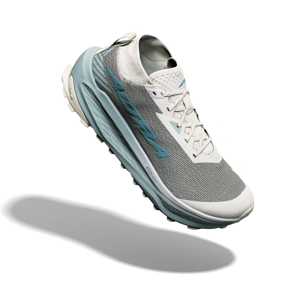 Men's Altra Olympus 275 HiLo Trail Running Shoes Ultimate Gray Sea Pine Green Milieu angled side view showing updated EGO MAX midsole with Vibram Megagrip TractionLug outsole and MATRYX woven upper for all-day technical ultra-trail performance