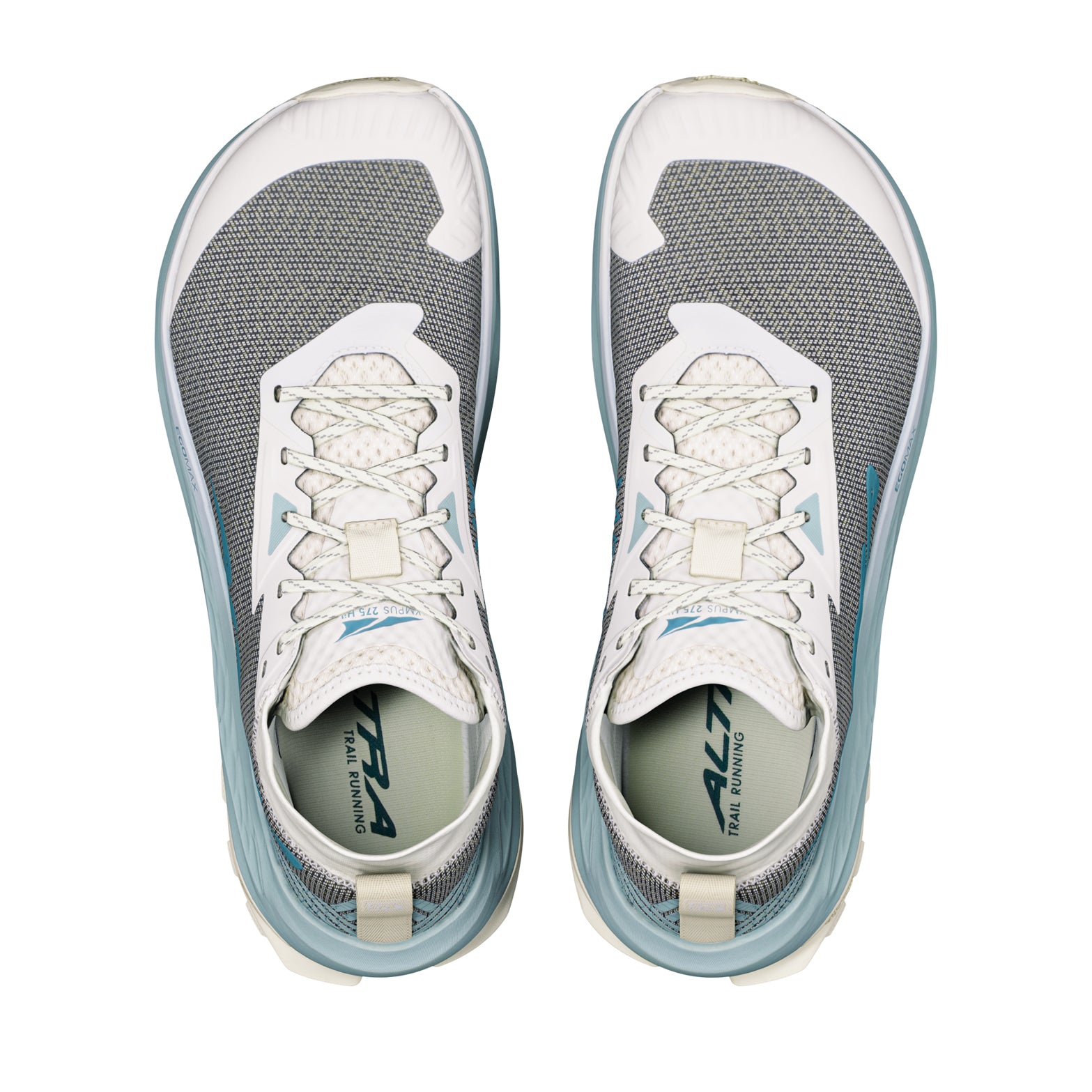 Men's Altra Olympus 275 HiLo Trail Running Shoes Ultimate Gray Sea Pine Green Milieu top view showing MATRYX one-piece woven upper with built-in scree sleeve and roomiest toe box for technical trail protection