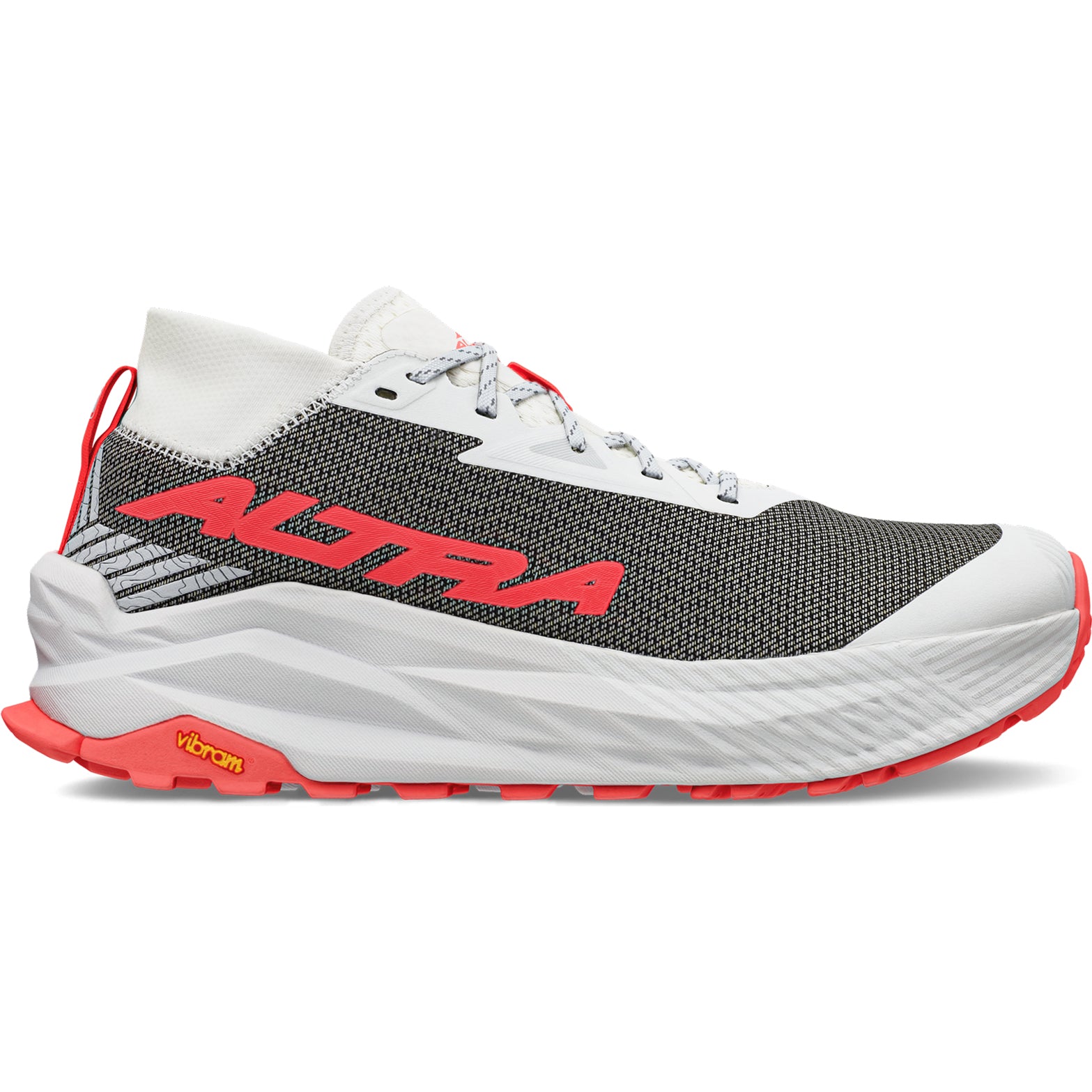Men's Altra Olympus 275 Trail Running Shoes White Grey Red outer side view showing MATRYX one-piece woven upper with Kevlar and 33mm compression-moulded EVA midsole