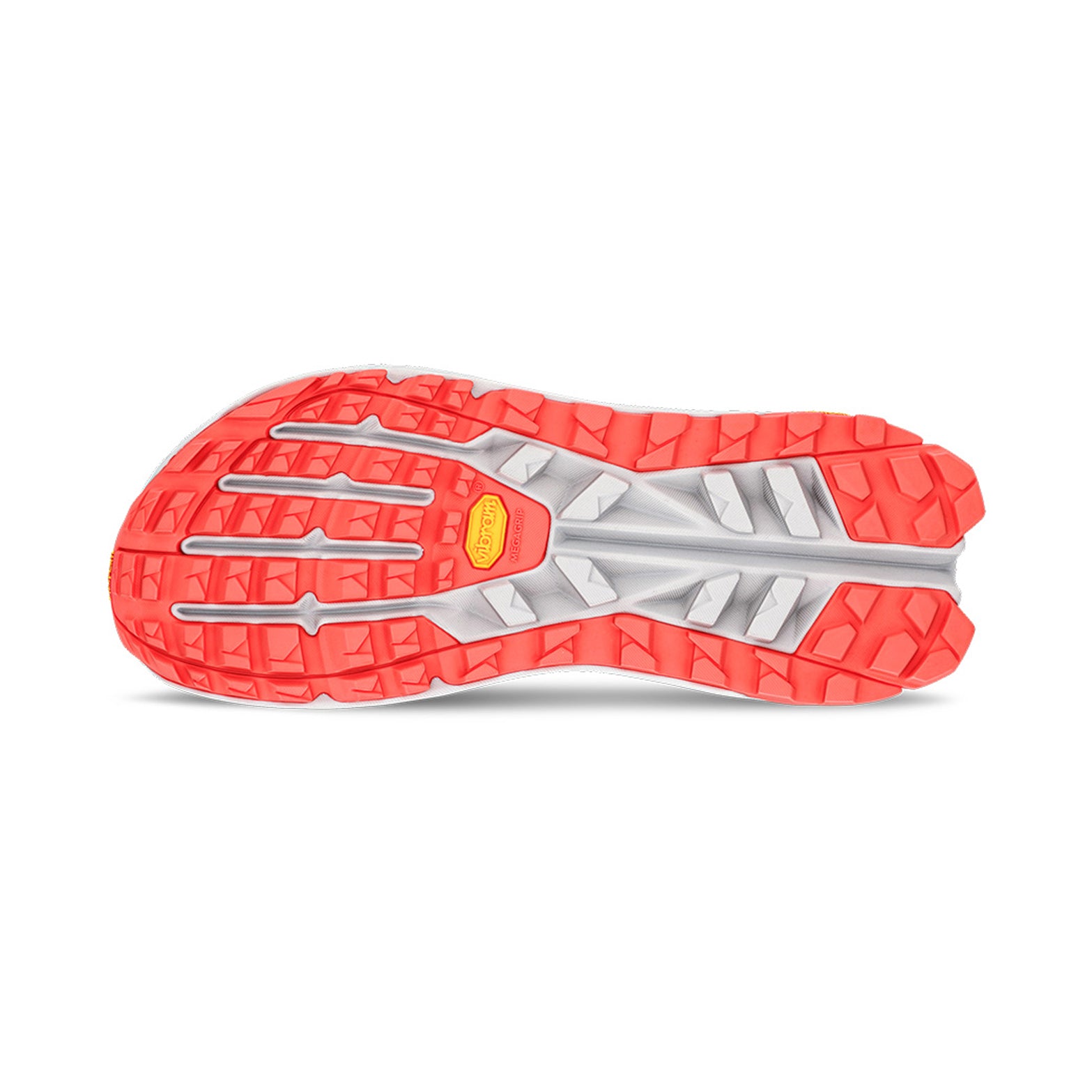 Men's Altra Olympus 275 Trail Running Shoes White Grey Red sole view displaying Vibram Megagrip outsole for traction on wet and dry trail surfaces