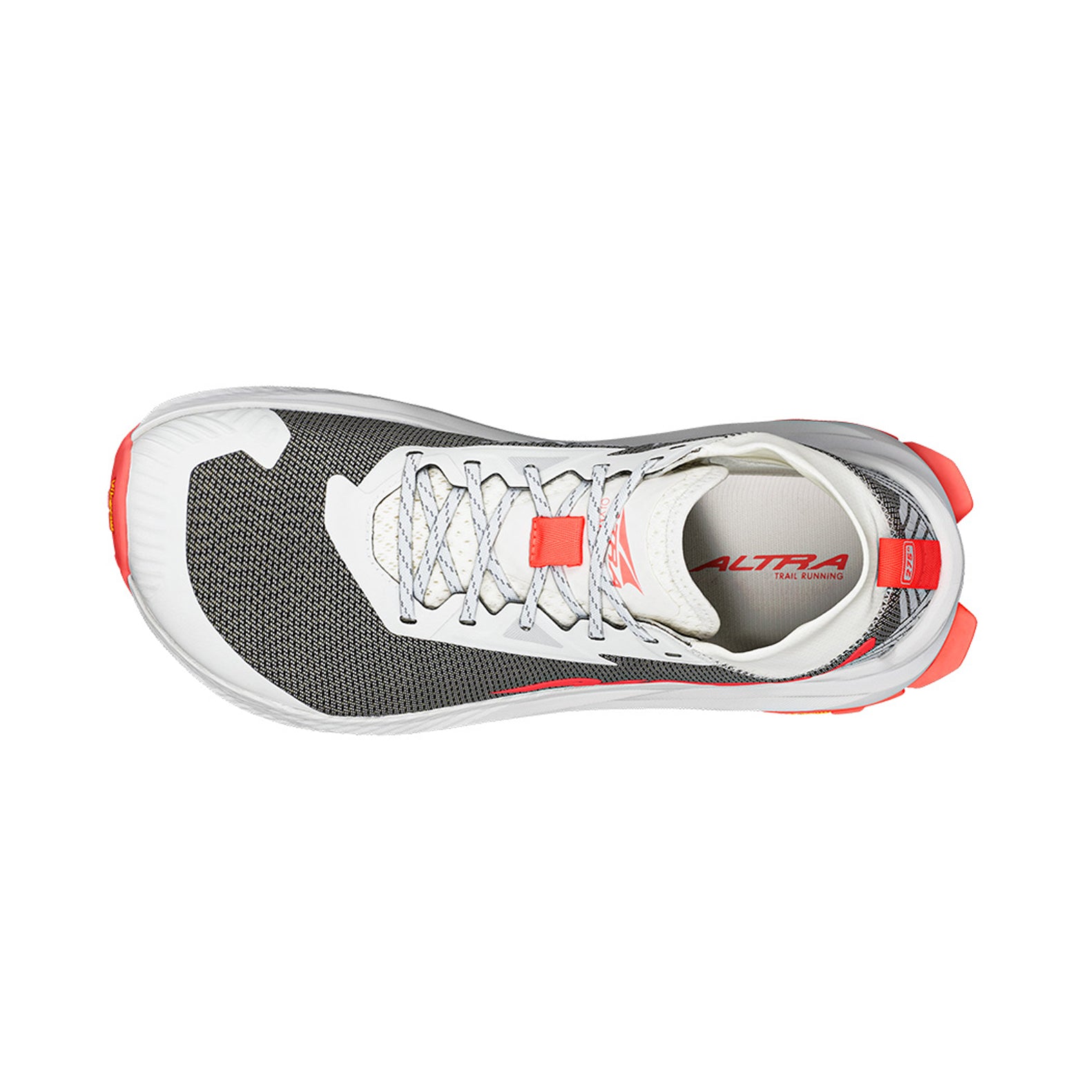 Men's Altra Olympus 275 Trail Running Shoes White Grey Red top view showing MATRYX one-piece woven upper with zonal fit lock and Altra's roomiest toe box