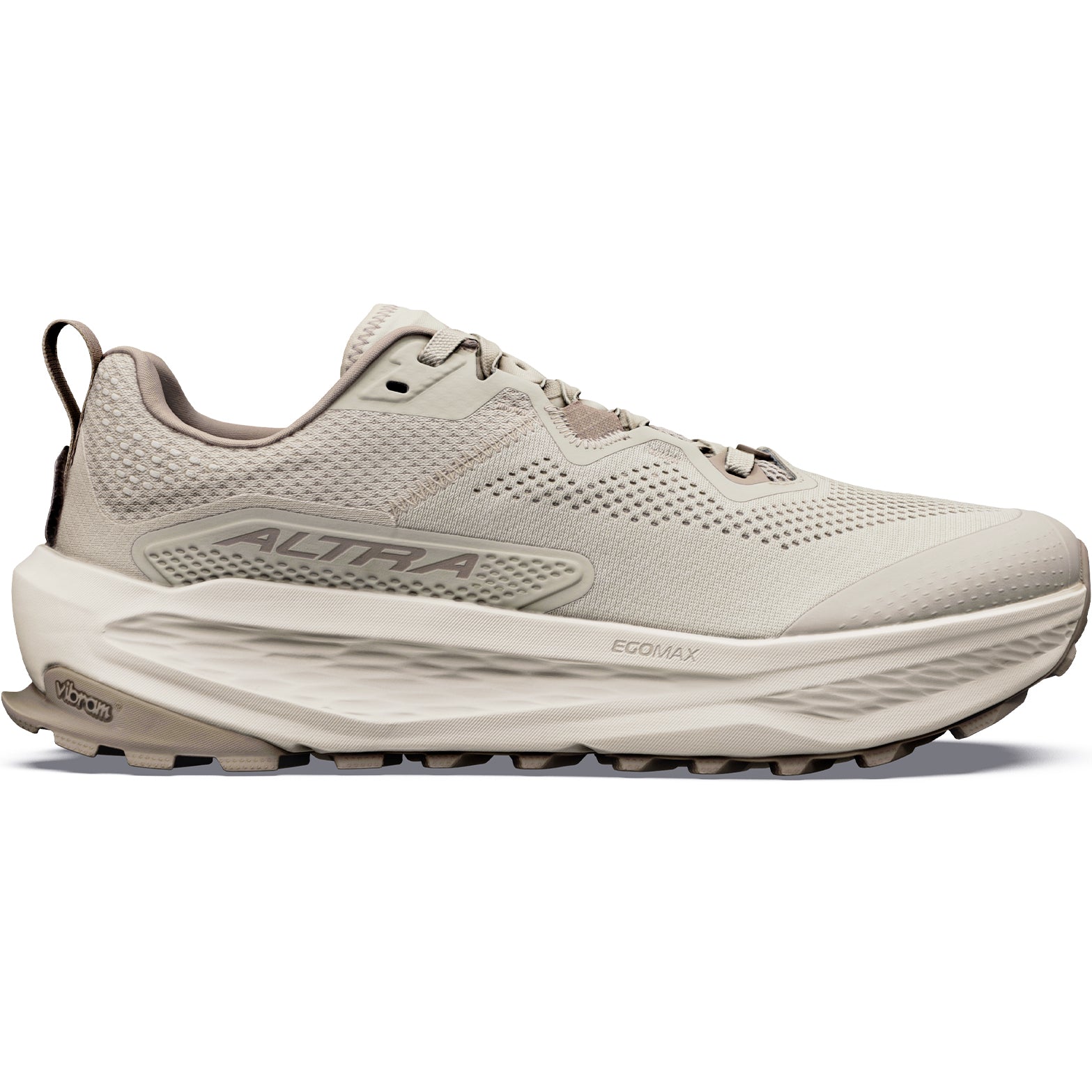 Men's Altra Olympus 7 Trail Running Shoes Plaza Taupe Fungi Birch outer side view showing updated Altra EGO MAX midsole with Vibram Megagrip TractionLug outsole and moulded TPU overlays for ultra trail running