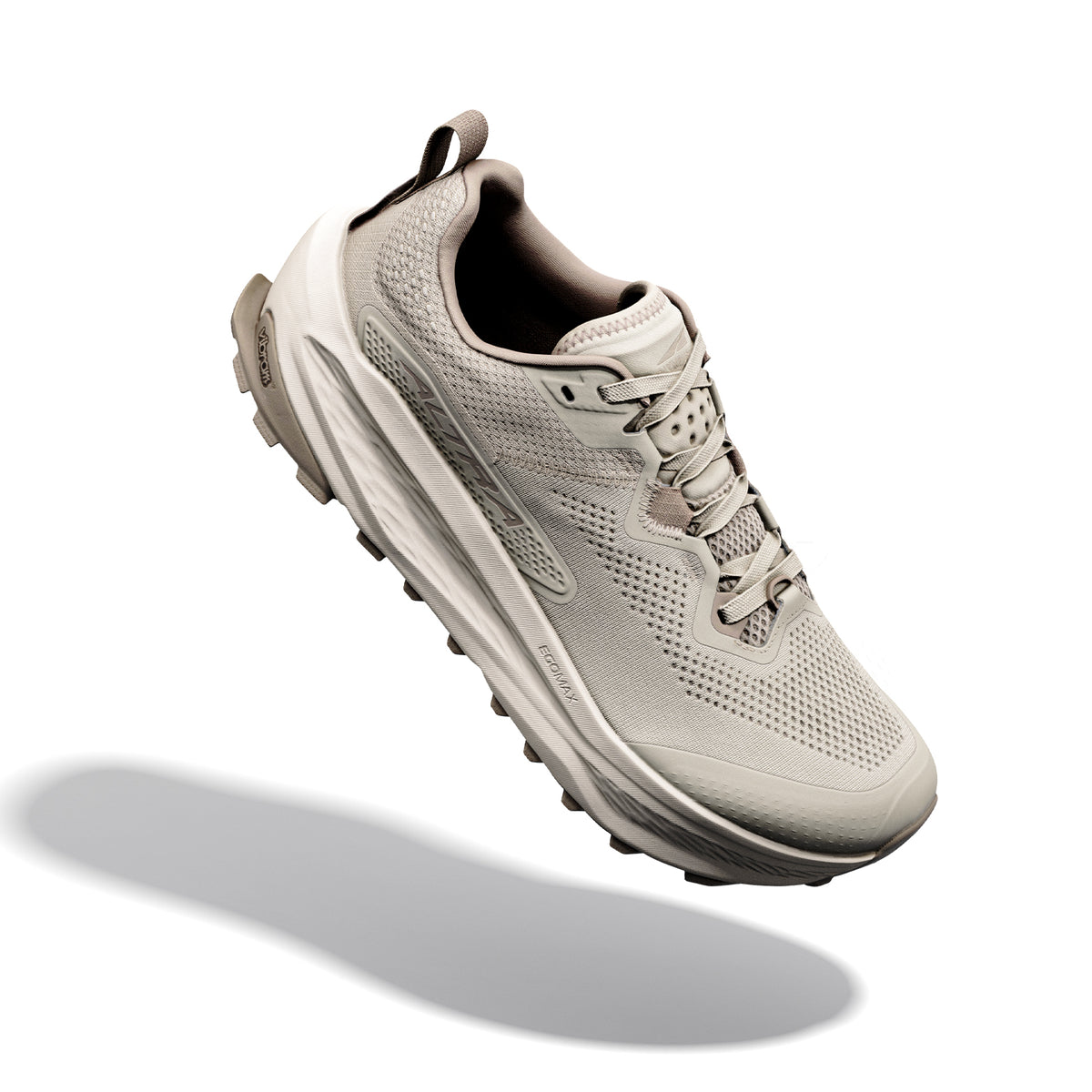 Men's Altra Olympus 7 Trail Running Shoes Plaza Taupe Fungi Birch angled side and heel view showing updated EGO MAX midsole with Vibram Megagrip TractionLug, moulded TPU overlays and GaiterTrap for all-day ultra trail performance
