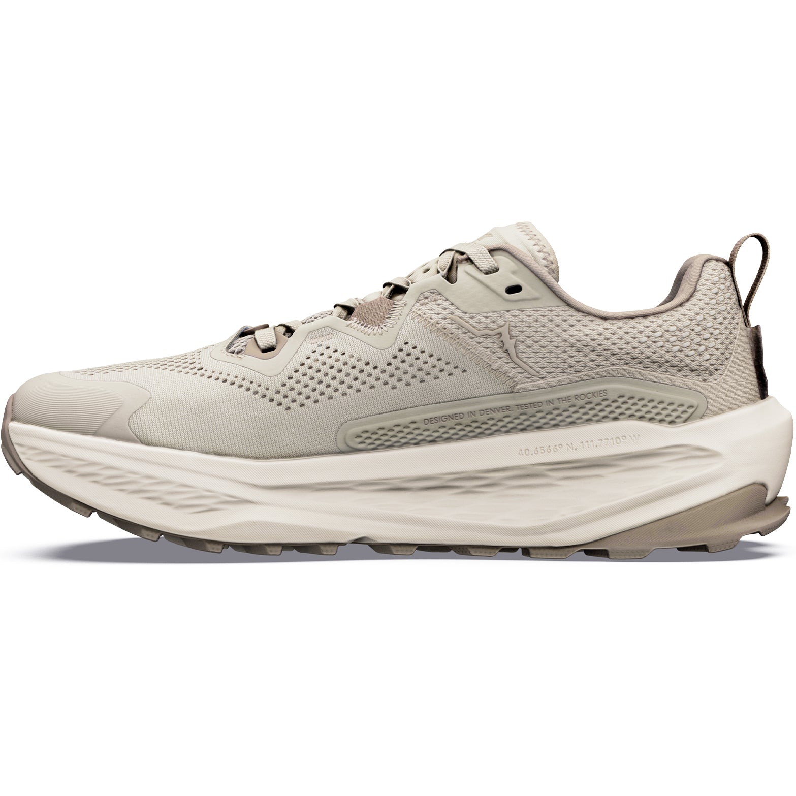 Men's Altra Olympus 7 Trail Running Shoes Plaza Taupe Fungi Birch inner side view showing 15% lighter 10% softer EGO MAX foam with integrated comfort collar and roomiest FootShape toe box for natural trail running