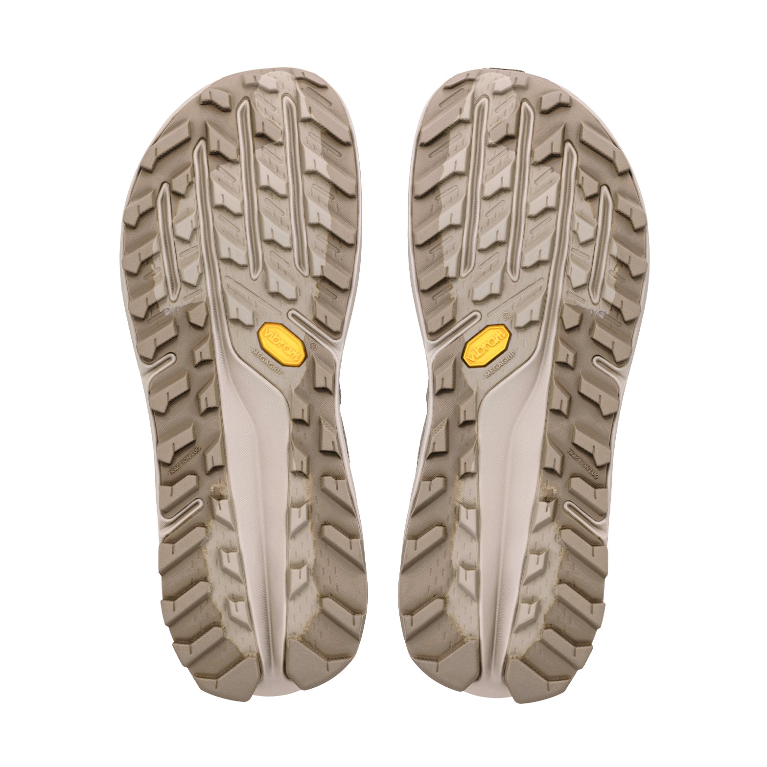 Men's Altra Olympus 7 Trail Running Shoes Plaza Taupe Fungi Birch sole view displaying Vibram Megagrip outsole with TractionLug for fierce adaptive grip on wet and dry technical trail terrain