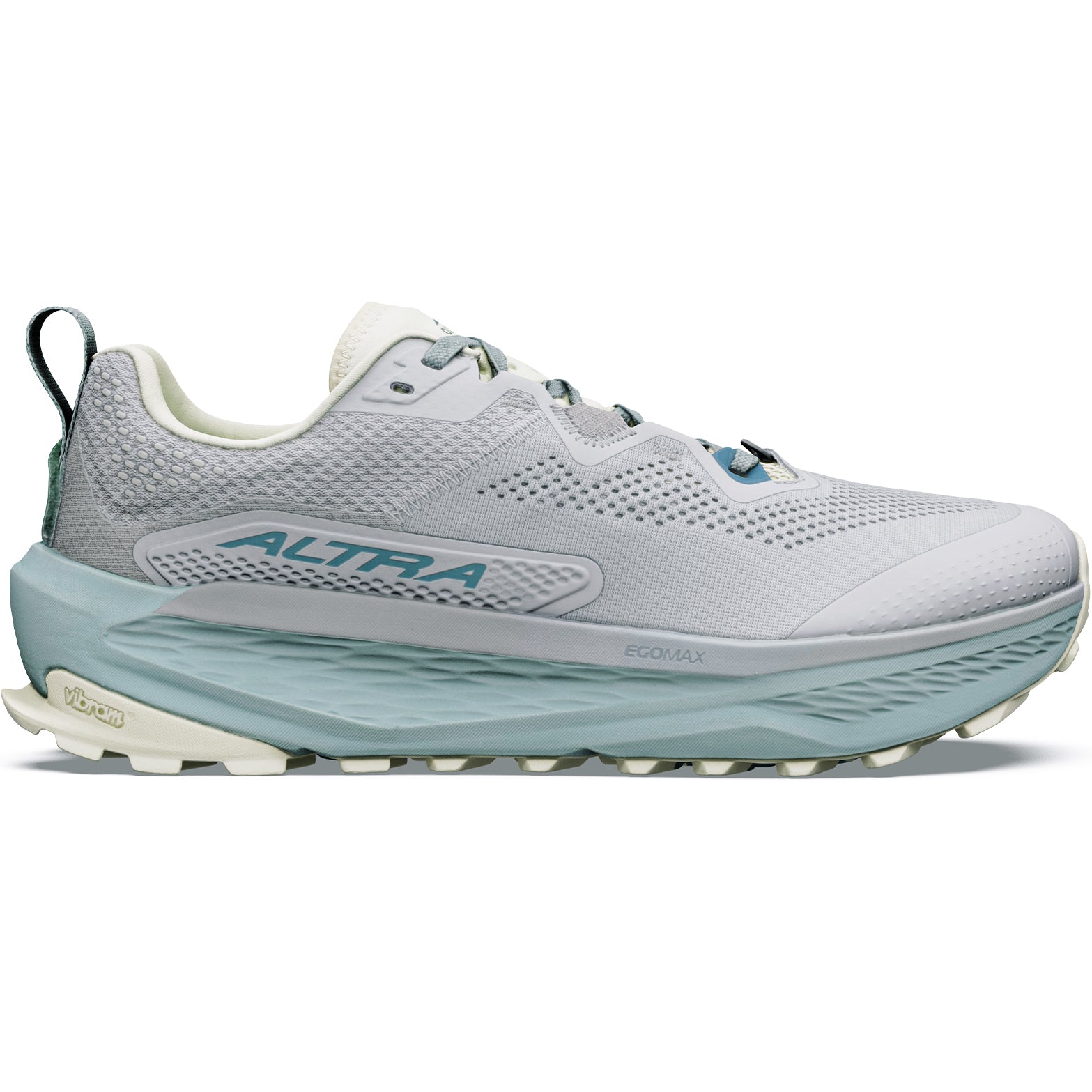 Men's Altra Olympus 7 Trail Running Shoes Ultimate Grey Sea Pine outer side view showing updated Altra EGO MAX midsole with Vibram Megagrip TractionLug outsole and moulded TPU overlays for ultra trail running