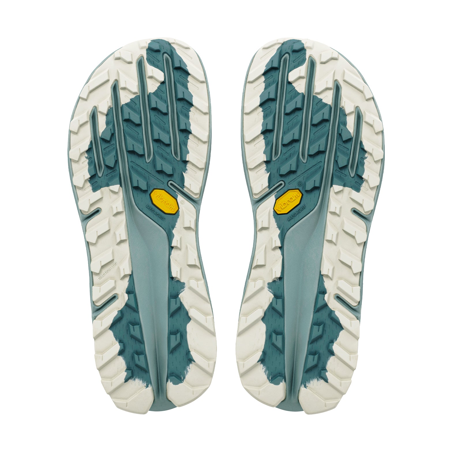 Men's Altra Olympus 7 Trail Running Shoes Ultimate Grey Sea Pine sole view displaying Vibram Megagrip outsole with TractionLug for fierce adaptive grip on wet and dry technical trail terrain