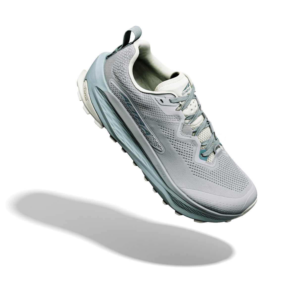 Men's Altra Olympus 7 Trail Running Shoes Ultimate Grey Sea Pine angled side and heel view showing updated EGO MAX midsole with Vibram Megagrip TractionLug, moulded TPU overlays and GaiterTrap for all-day ultra trail performance