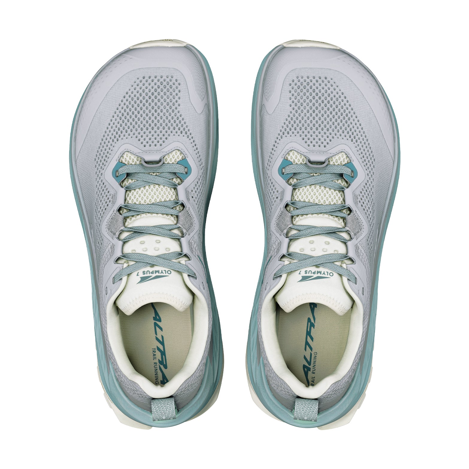 Men's Altra Olympus 7 Trail Running Shoes Ultimate Grey Sea Pine top view showing breathable engineered mesh upper with moulded TPU overlays, plusher tongue and GaiterTrap hook-and-loop tab