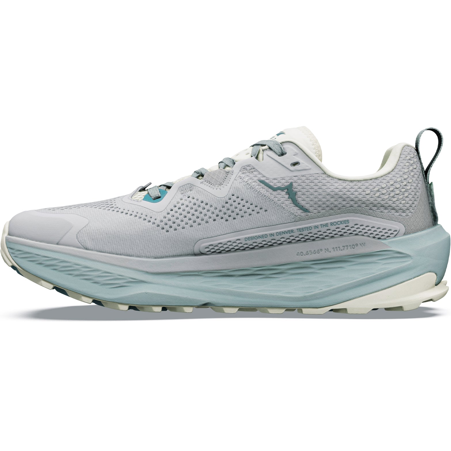 Men's Altra Olympus 7 Trail Running Shoes Ultimate Grey Sea Pine inner side view showing 15% lighter 10% softer EGO MAX foam with integrated comfort collar and roomiest FootShape toe box for natural trail running