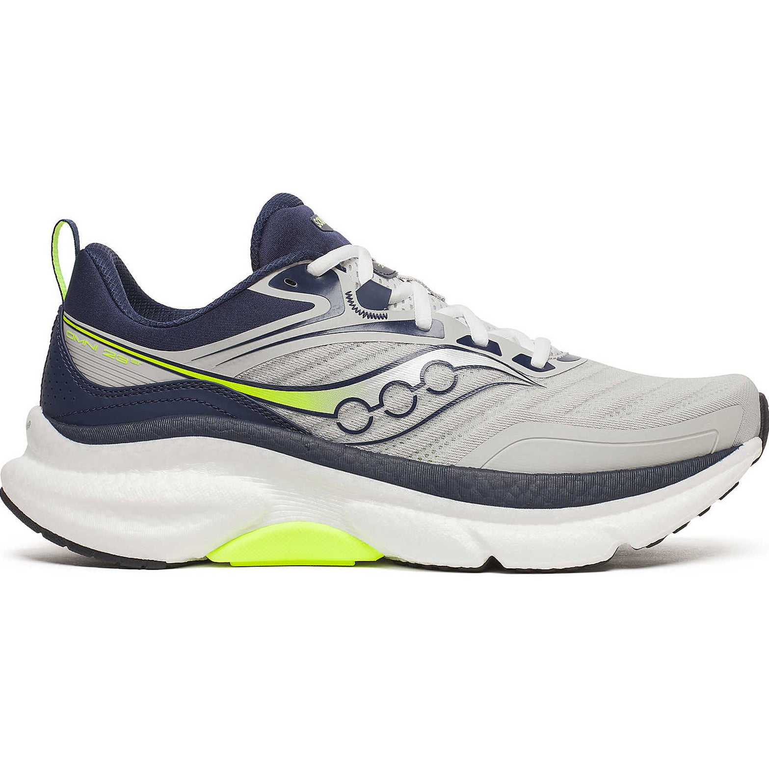 Men's Saucony Omni 23 ST Running Shoes Mist Navy outer side view showing PWRRUN PB midsole stack and engineered mesh upper