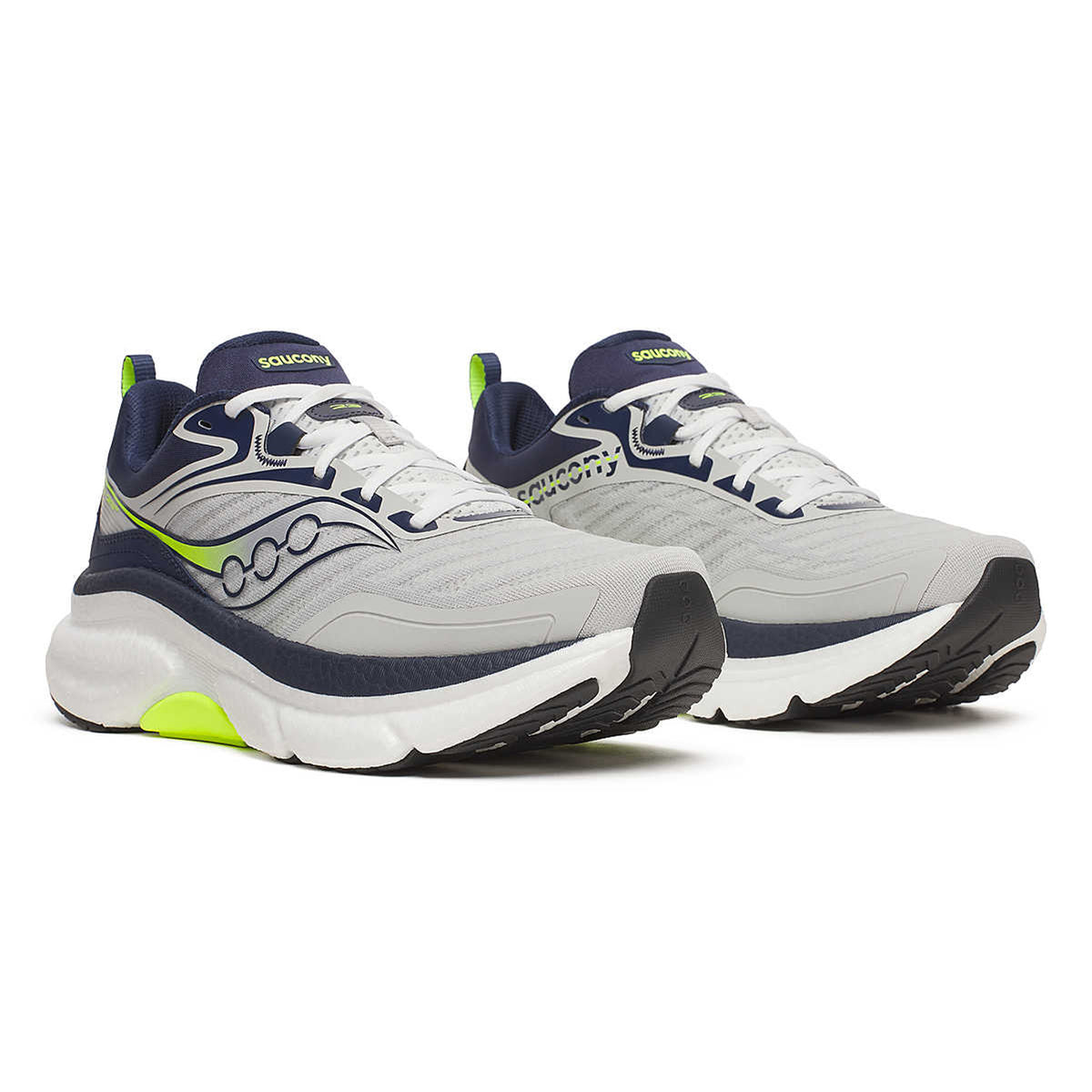 Men's Saucony Omni 23 ST Running Shoes Mist Navy pair angled side view showing dual-density PWRRUN midsole and wide stable base