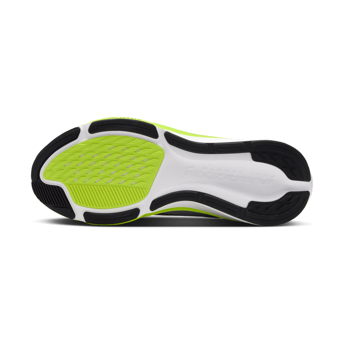 The image displays the sole of the Nike Men’s Pegasus 42 RSG Running Shoe in Stealth, Purple Dynasty, and Volt colorway, showcasing a combination of black, purple, and neon yellow sections with textured grip patterns for optimal traction. Specifically engineered for road running, this sole is designed to complement Air Zoom cushioning technology, delivering a responsive and comfortable stride.