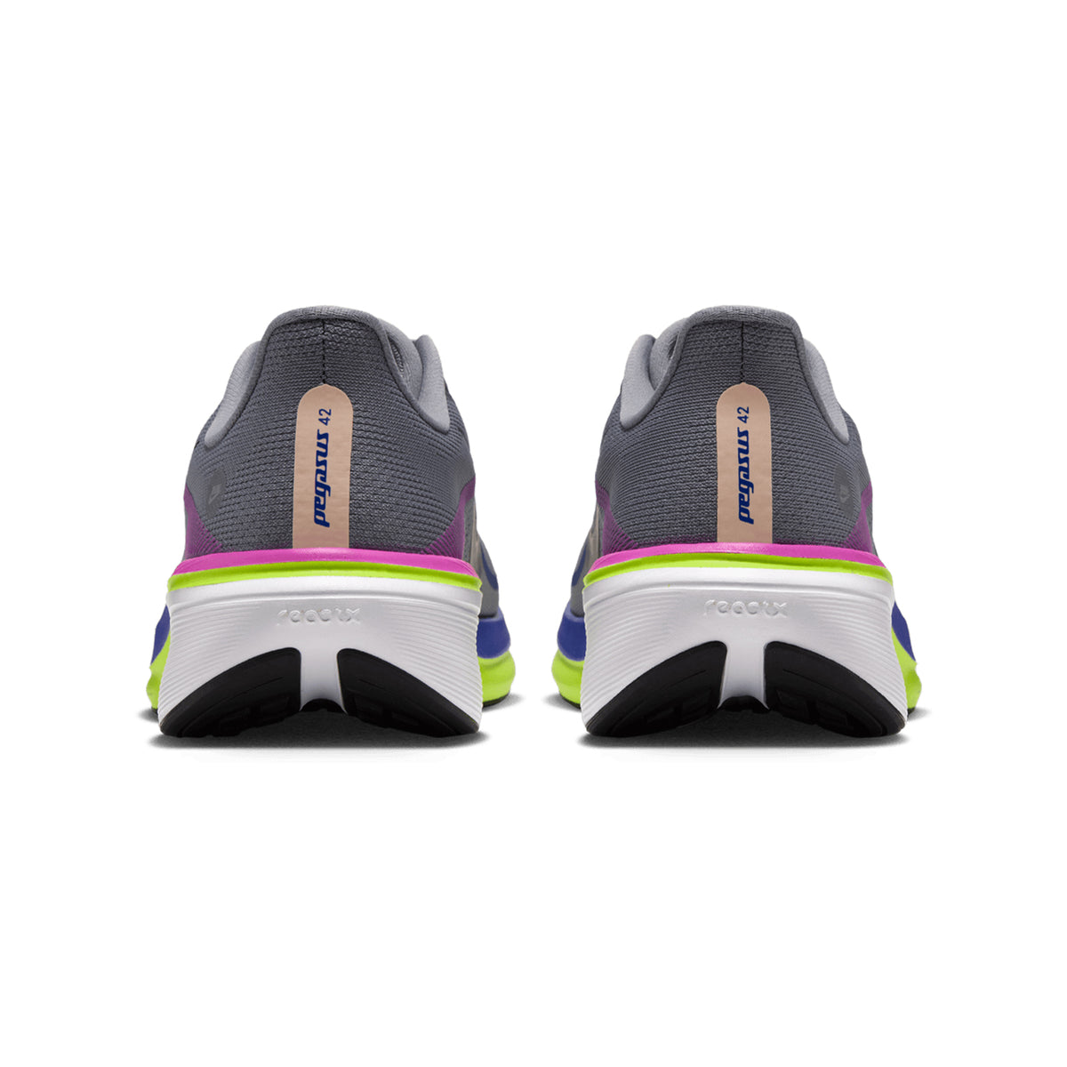 A pair of Nike Men’s Pegasus 42 RSG Running Shoes in Stealth, Purple Dynasty, and Volt, featuring Air Zoom cushioning, shown from the back on a white background.