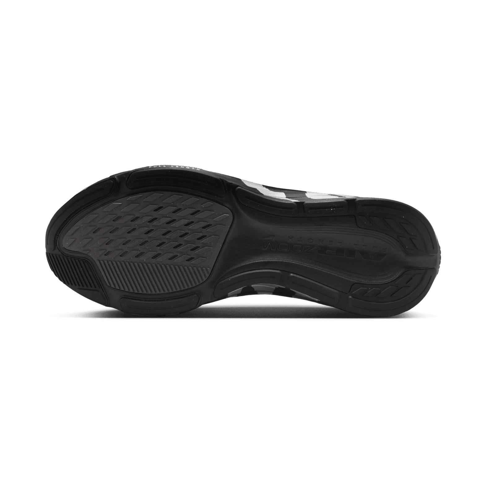Nike Pegasus 42 men's running shoe in Black / Medium Ash / Metallic Silver — outsole view showing updated Waffle tread pattern with high-abrasion rubber, flex grooves and medium ash ReactX midsole stack
