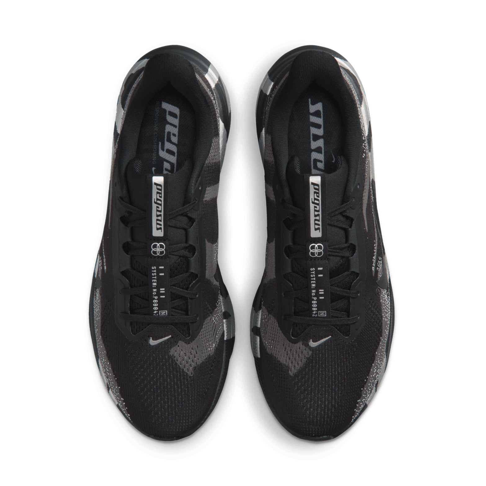Nike Pegasus 42 men's running shoe in Black / Medium Ash / Metallic Silver — top-down view showing black lightweight mesh upper, wide toe box construction and lace closure with medium ash detailing