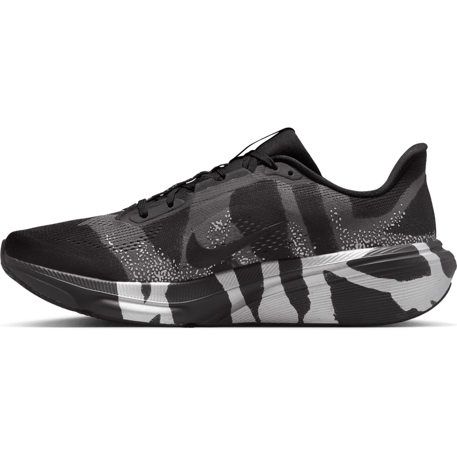 Nike Pegasus 42 men's running shoe in Black / Medium Ash / Metallic Silver — inner view showing black lightweight mesh upper, medium ash midsole detailing and updated Waffle outsole construction