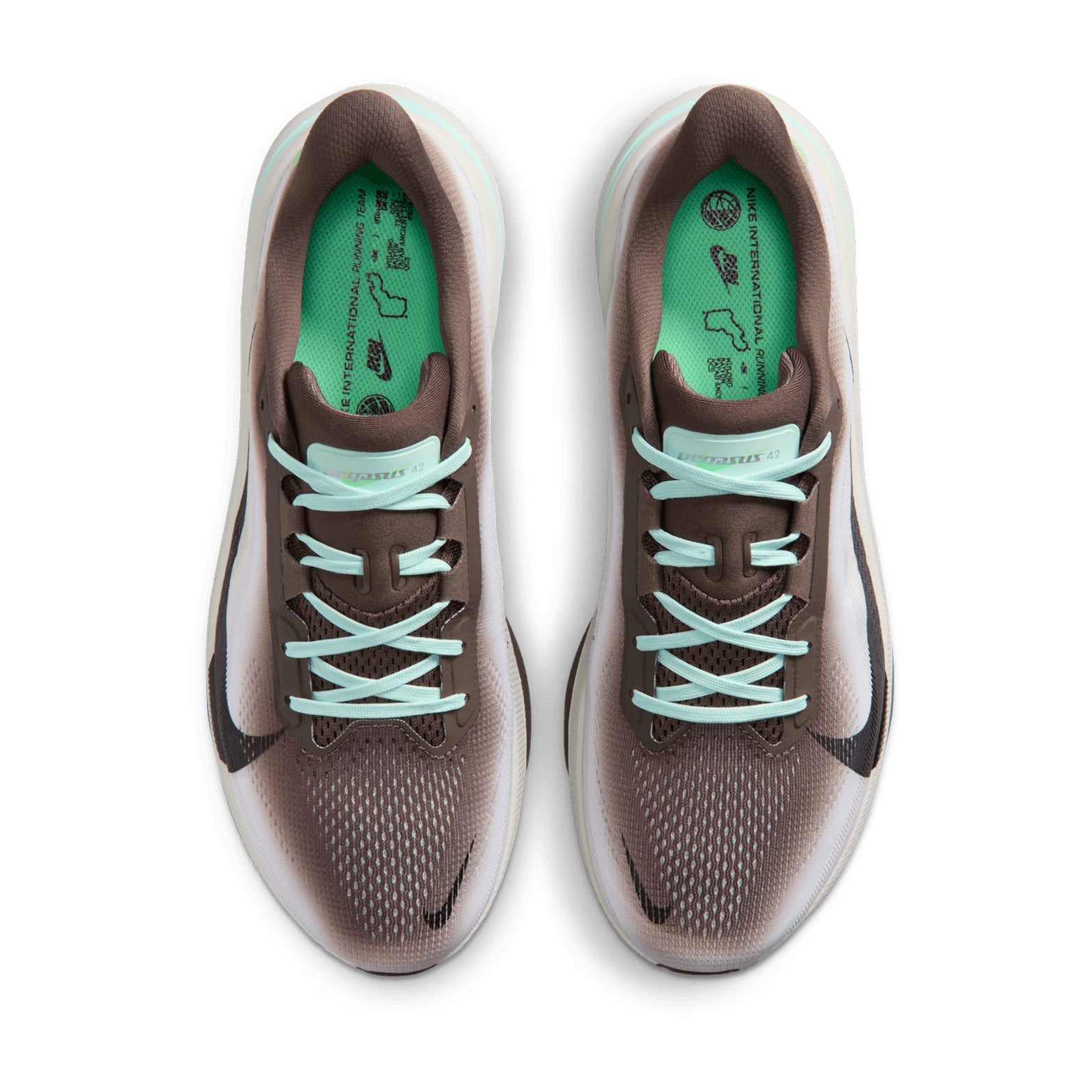 Men's Nike Pegasus 42 Running Shoes Ironstone Sea Glass Arctic Green Black top view showing lightweight breathable mesh upper with updated wide toe box for extra forefoot room