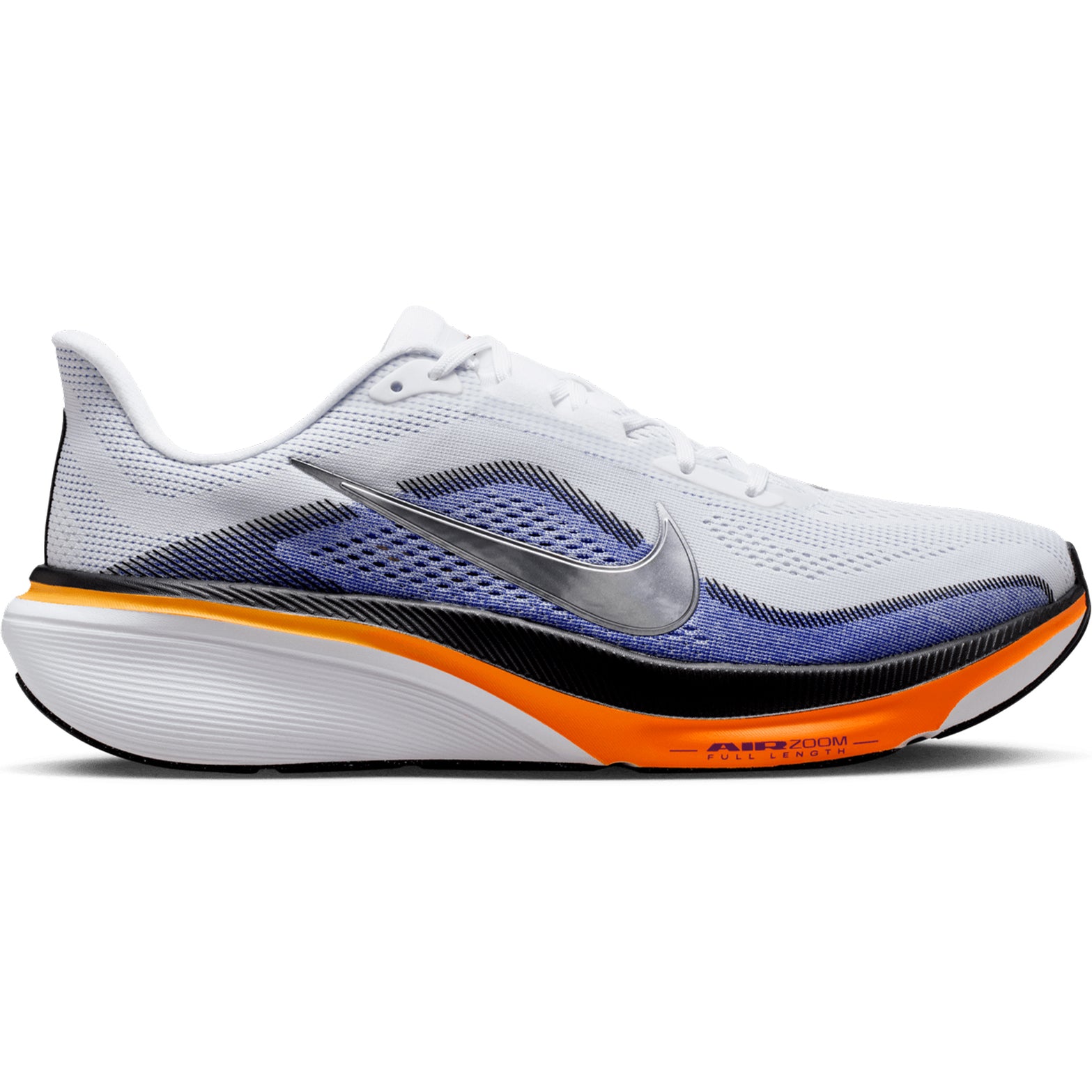 Men's Nike Pegasus 42 Running Shoes White Lapis Total Orange Metallic Silver outer side view showing full-length curved Air Zoom unit with ReactX foam midsole for propulsive energy return