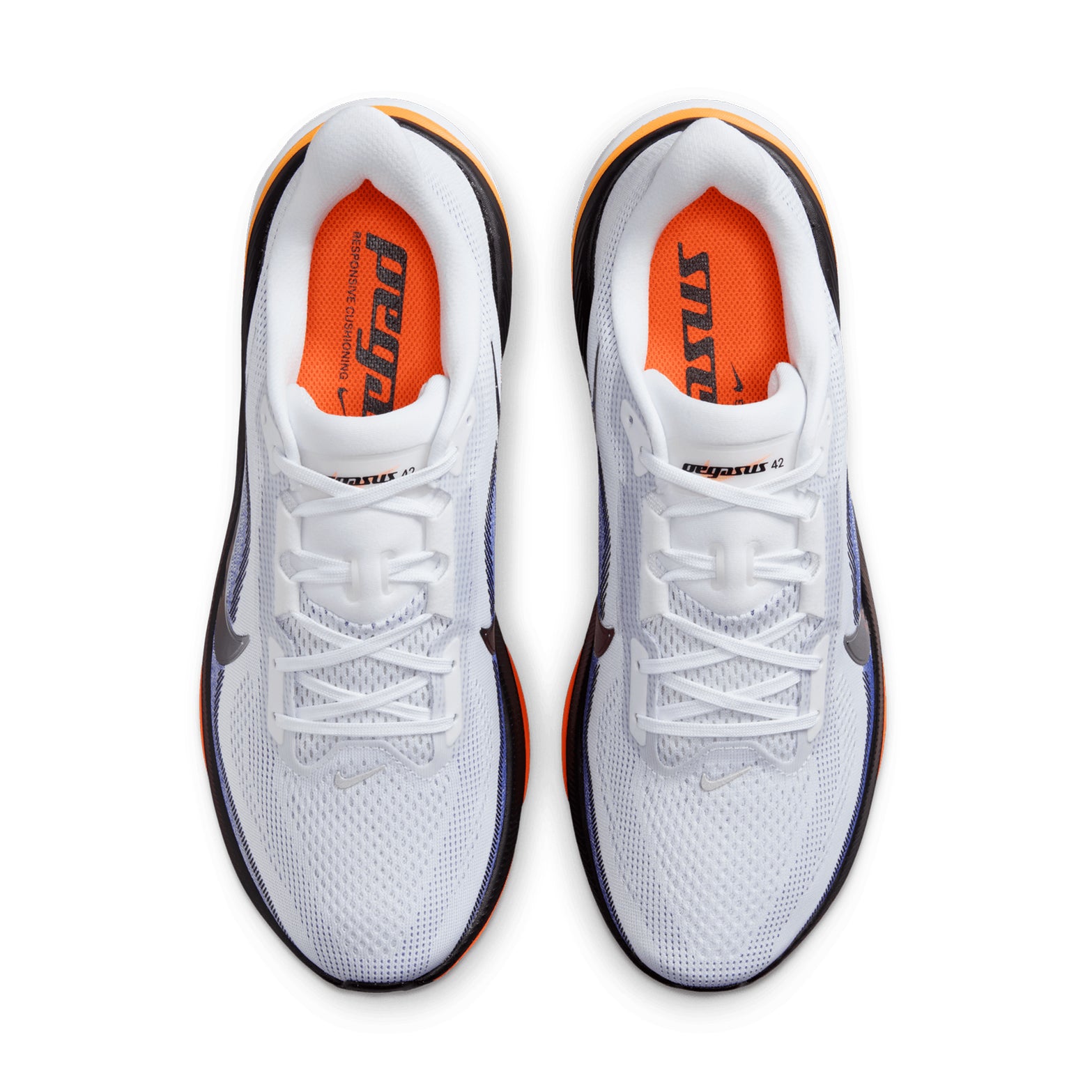 Men's Nike Pegasus 42 Running Shoes White Lapis Total Orange Metallic Silver top view showing lightweight breathable mesh upper with updated wide toe box for extra forefoot room