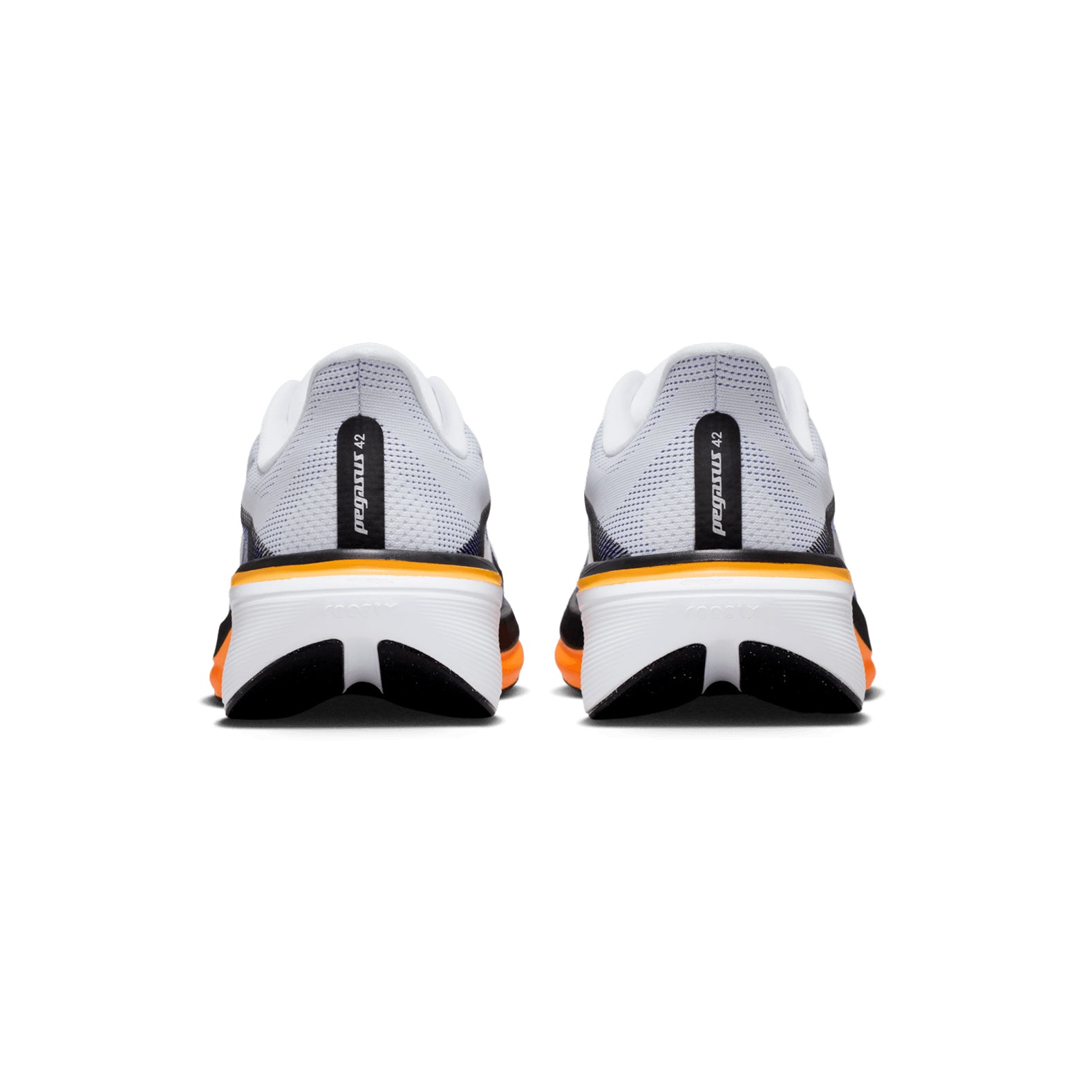 Men's Nike Pegasus 42 Running Shoes White Lapis Total Orange Metallic Silver heel view showing full-length Air Zoom unit with ReactX foam for Nike's highest energy return from heel to toe-off