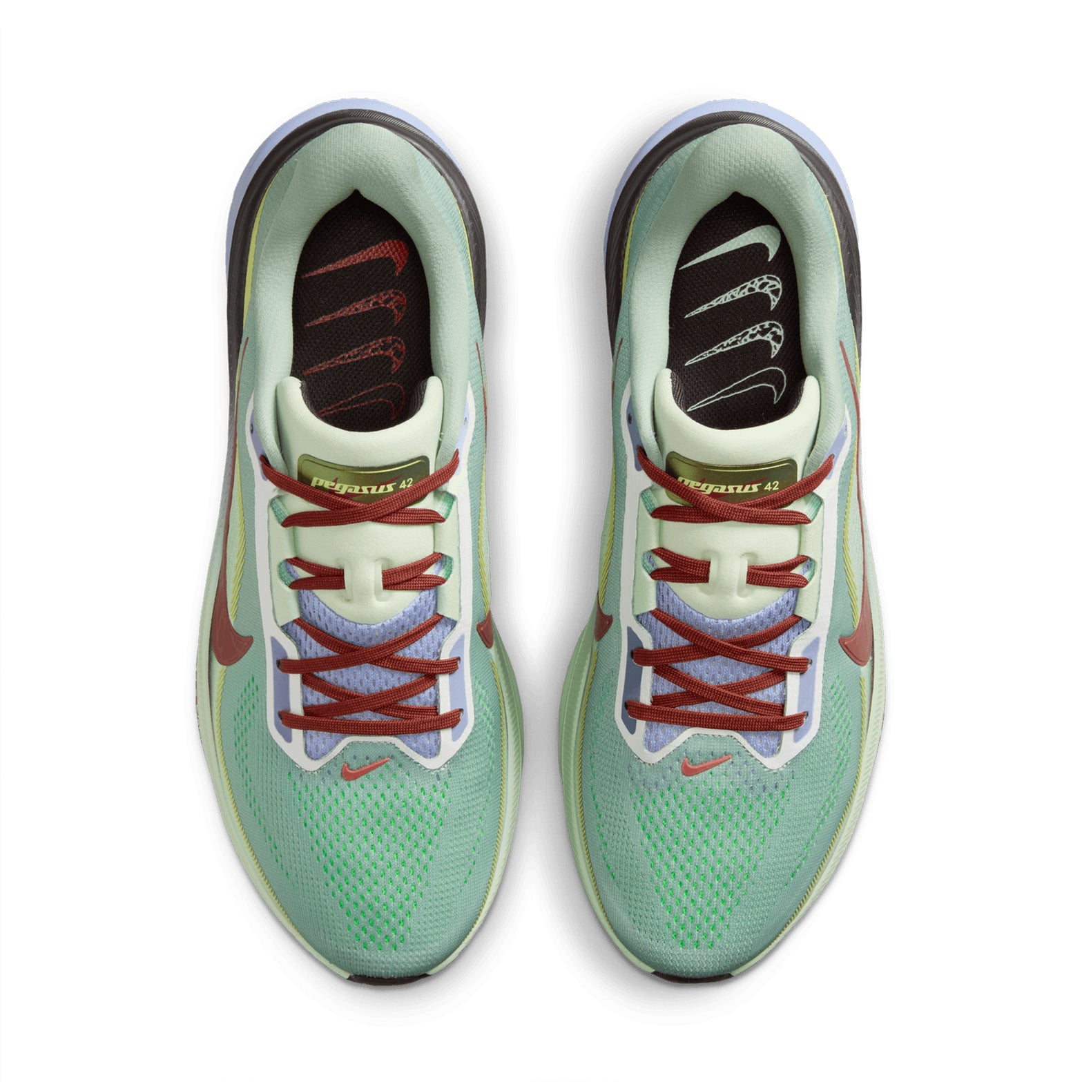 Men's Nike Pegasus 42 SE Running Shoes Steam Rugged Orange Frosted Spruce top view showing lightweight breathable mesh upper with updated wide toe box for extra forefoot room