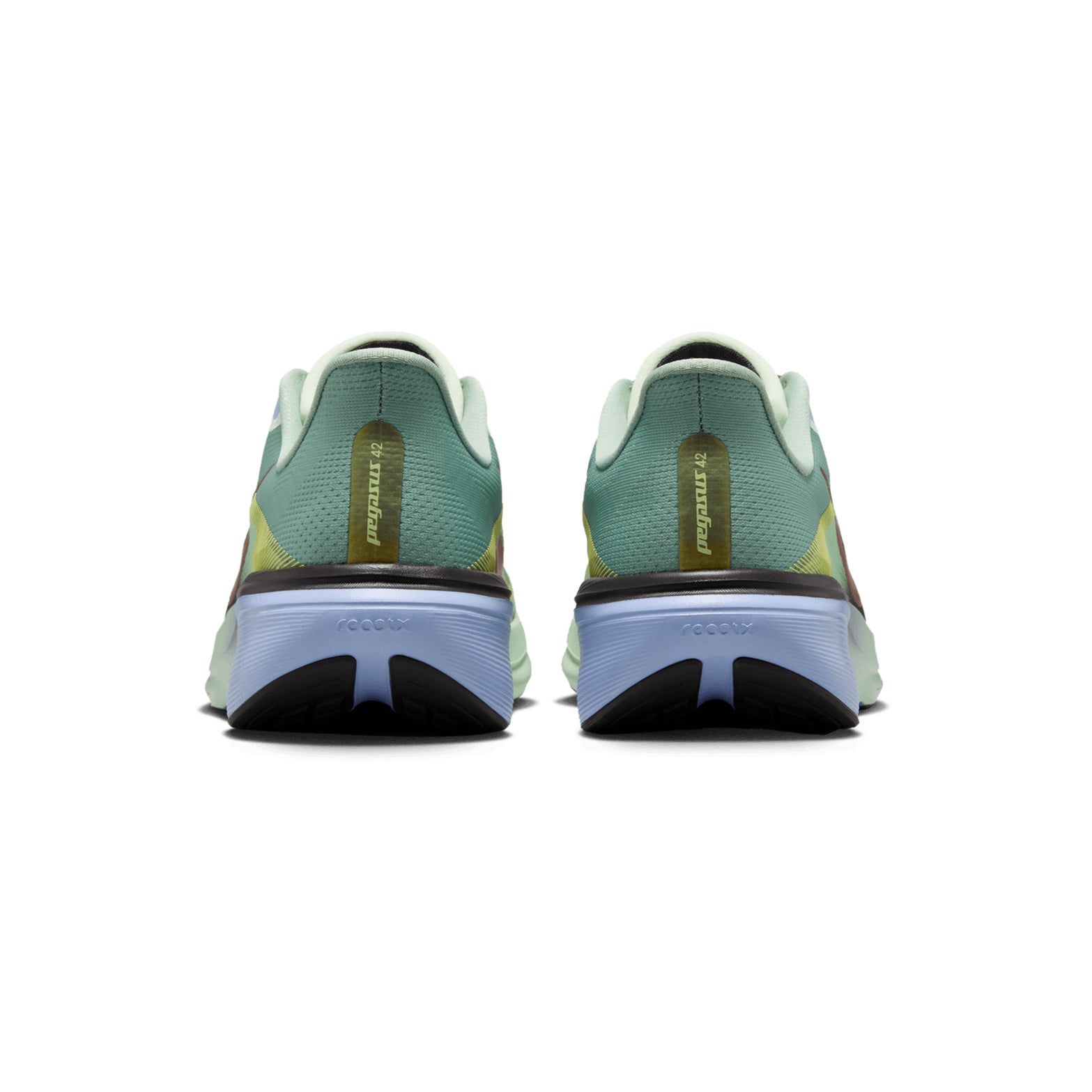 Men's Nike Pegasus 42 SE Running Shoes Steam Rugged Orange Frosted Spruce heel view showing full-length Air Zoom unit with ReactX foam for Nike's highest energy return from heel to toe-off
