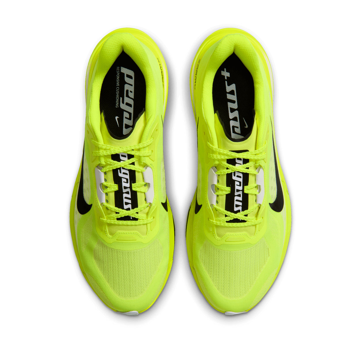 Top-down view of a pair of Men’s Pegasus Plus 2 Running Shoes Lemon Venom / Black / White, featuring neon yellow coloring with black accents and branded insoles.